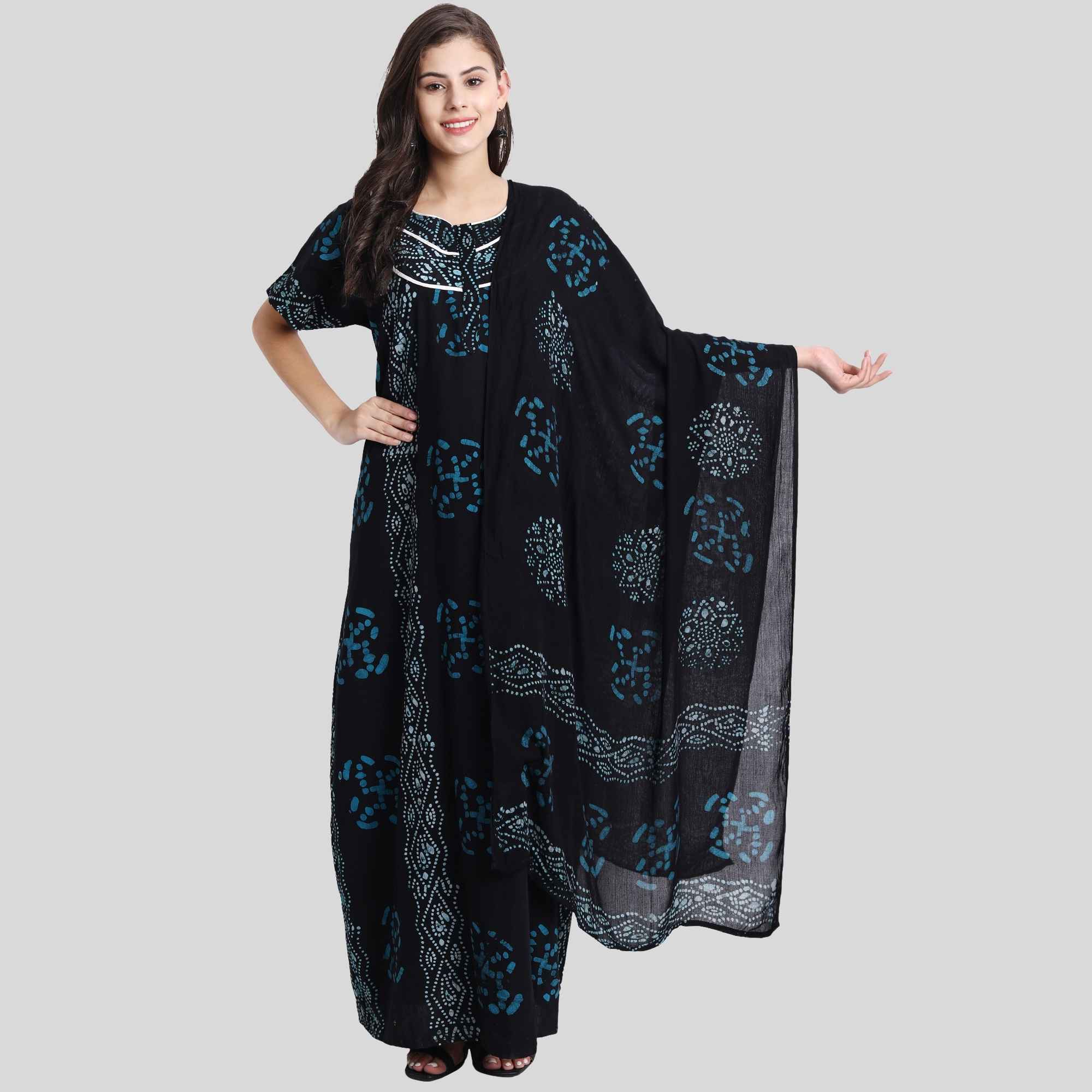 Women batik print cotton nighty sky blue