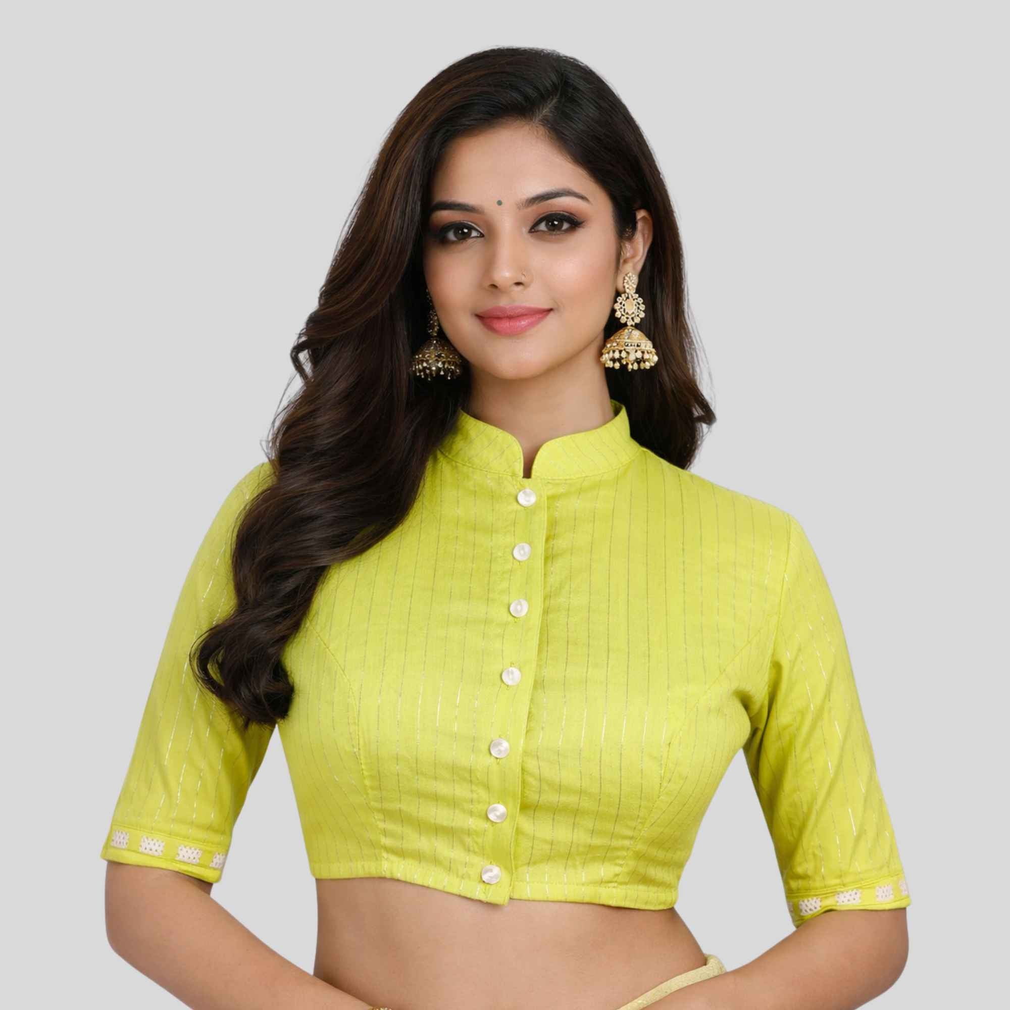 JISB Cotton Collar Neck Silver Lurex Stripe Elbow Sleeve Blouse