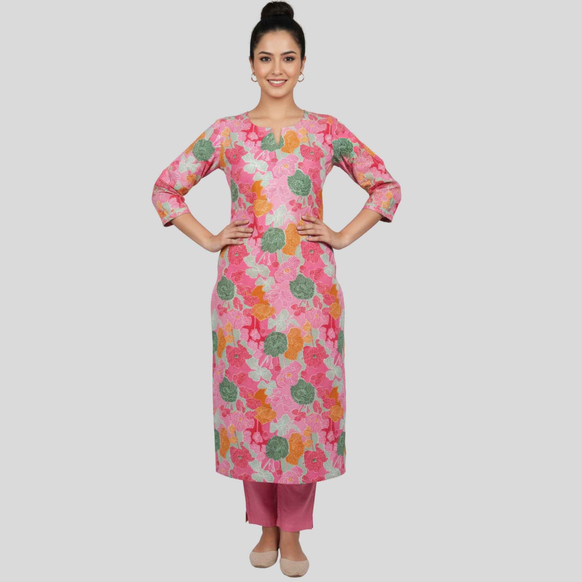 JISB Floral Printed Cotton Straight cut  3/4 sleeve kurti