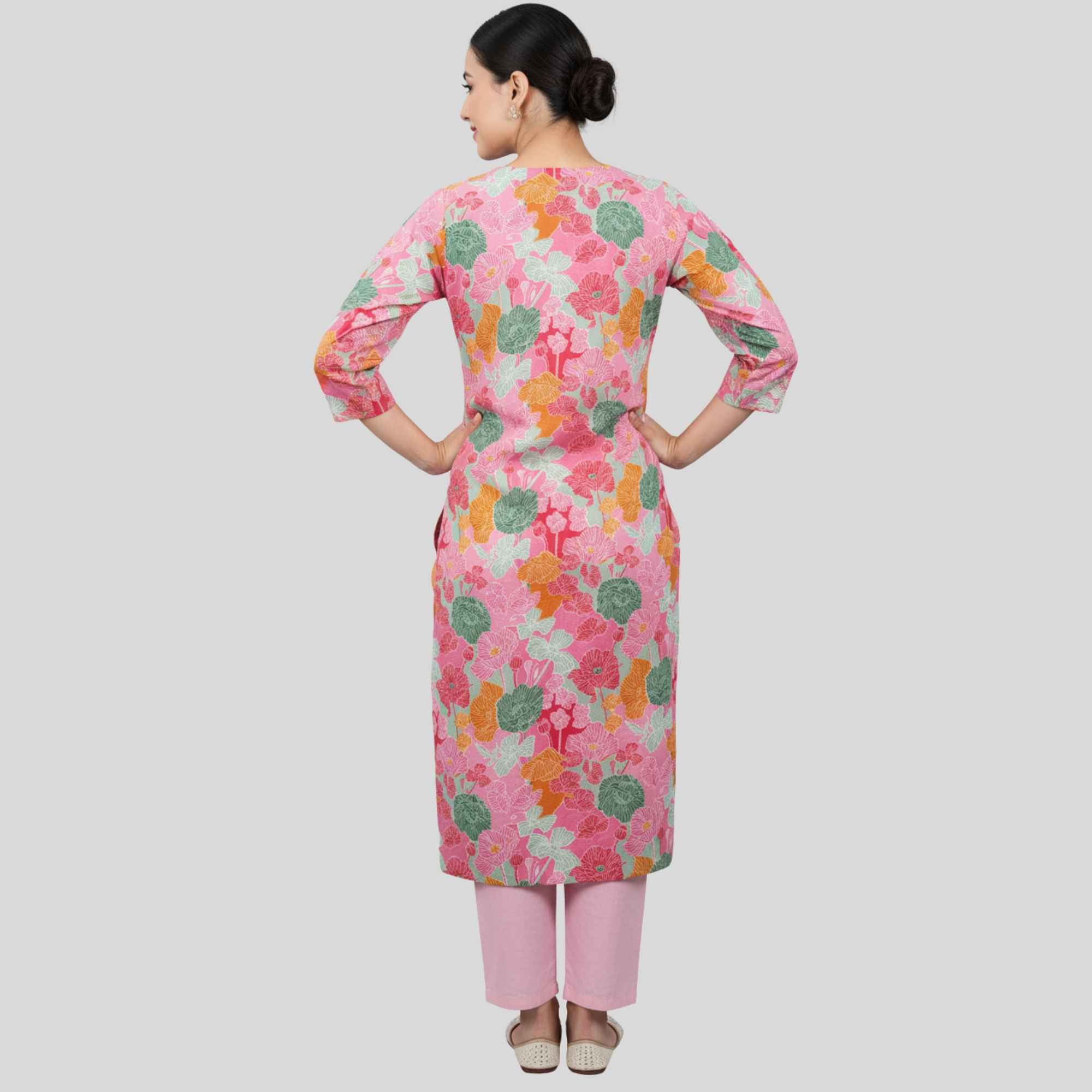 JISB Floral Printed Cotton Straight cut  3/4 sleeve kurti