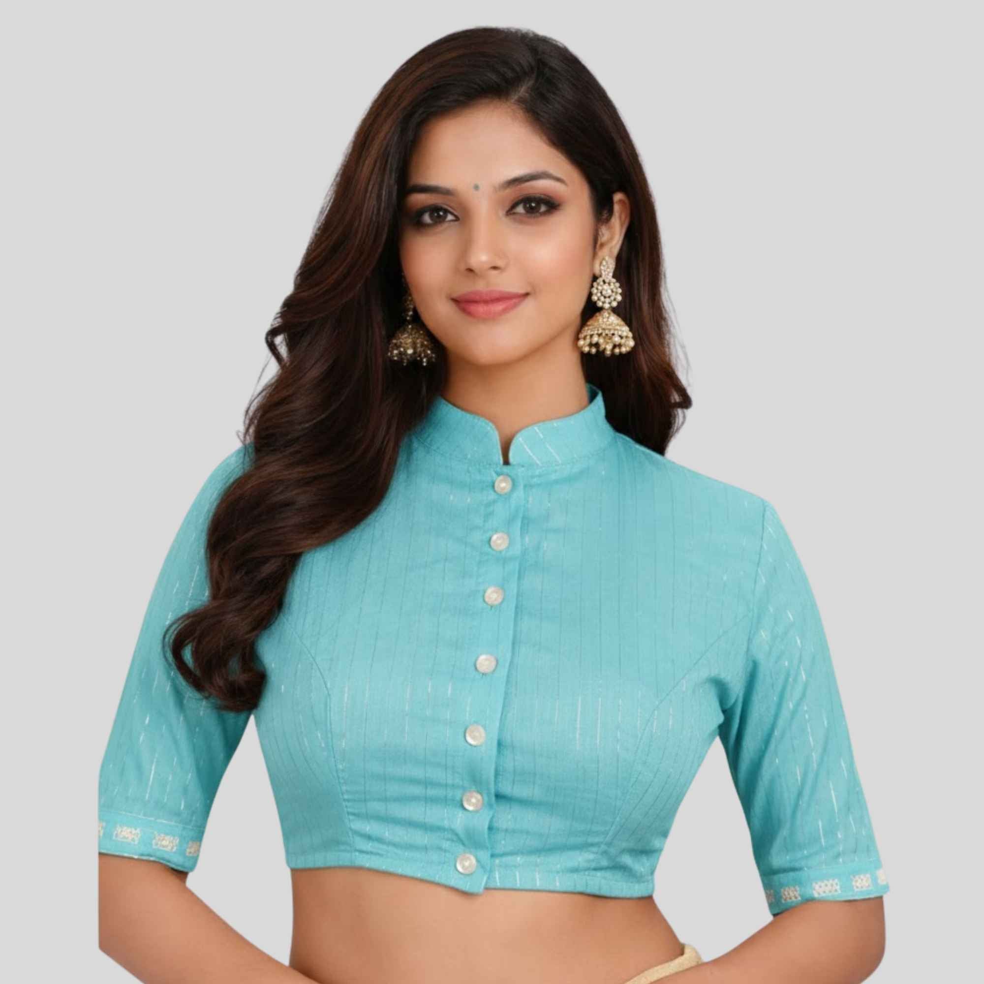 JISB Cotton Collar Neck Silver Lurex Stripe Elbow Sleeve Blouse