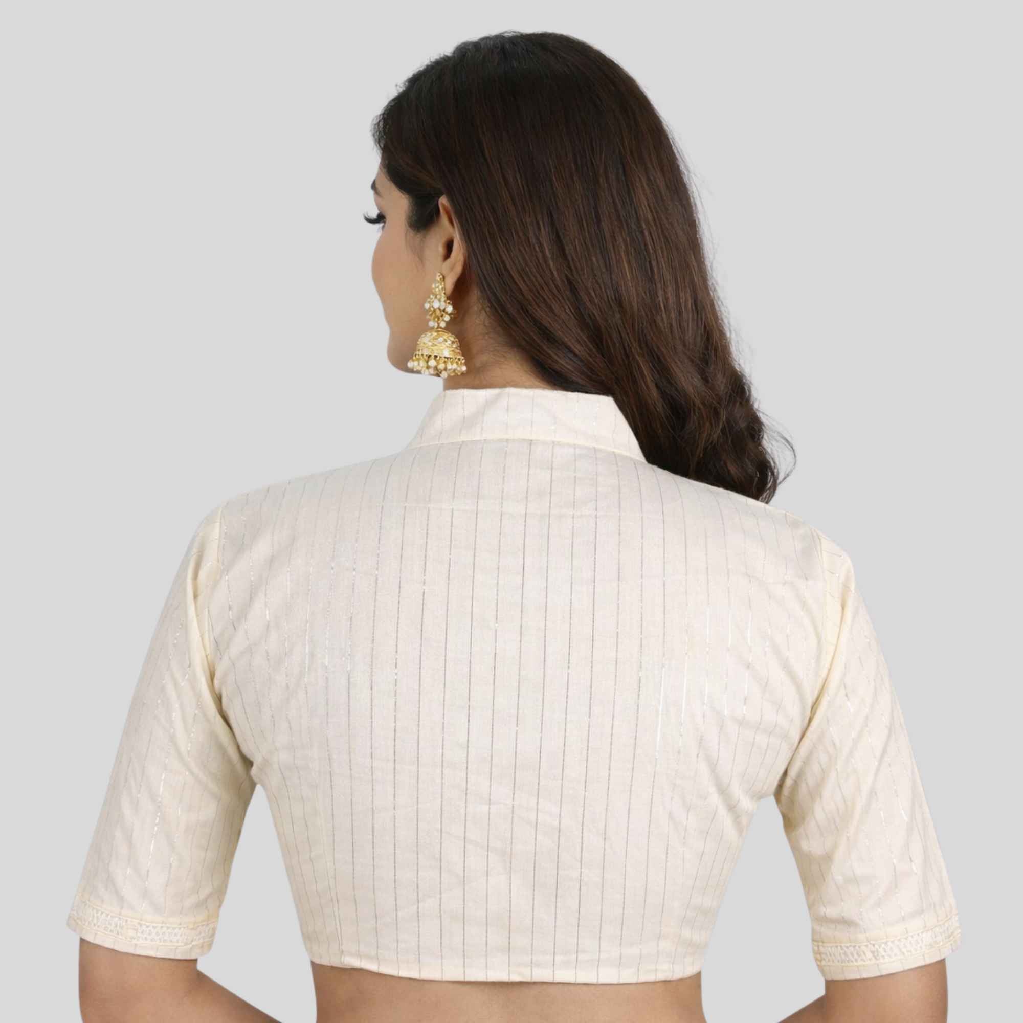 JISB Cotton Collar Neck Silver Lurex Stripe Elbow Sleeve Blouse
