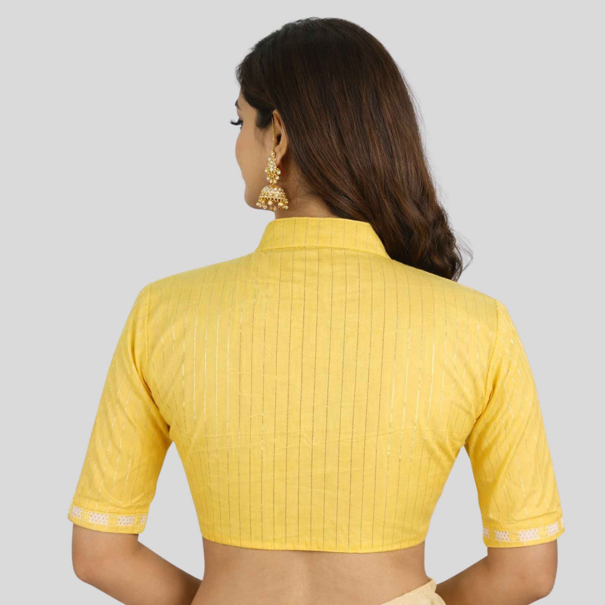 JISB Cotton Collar Neck Silver Lurex Stripe Elbow Sleeve Blouse