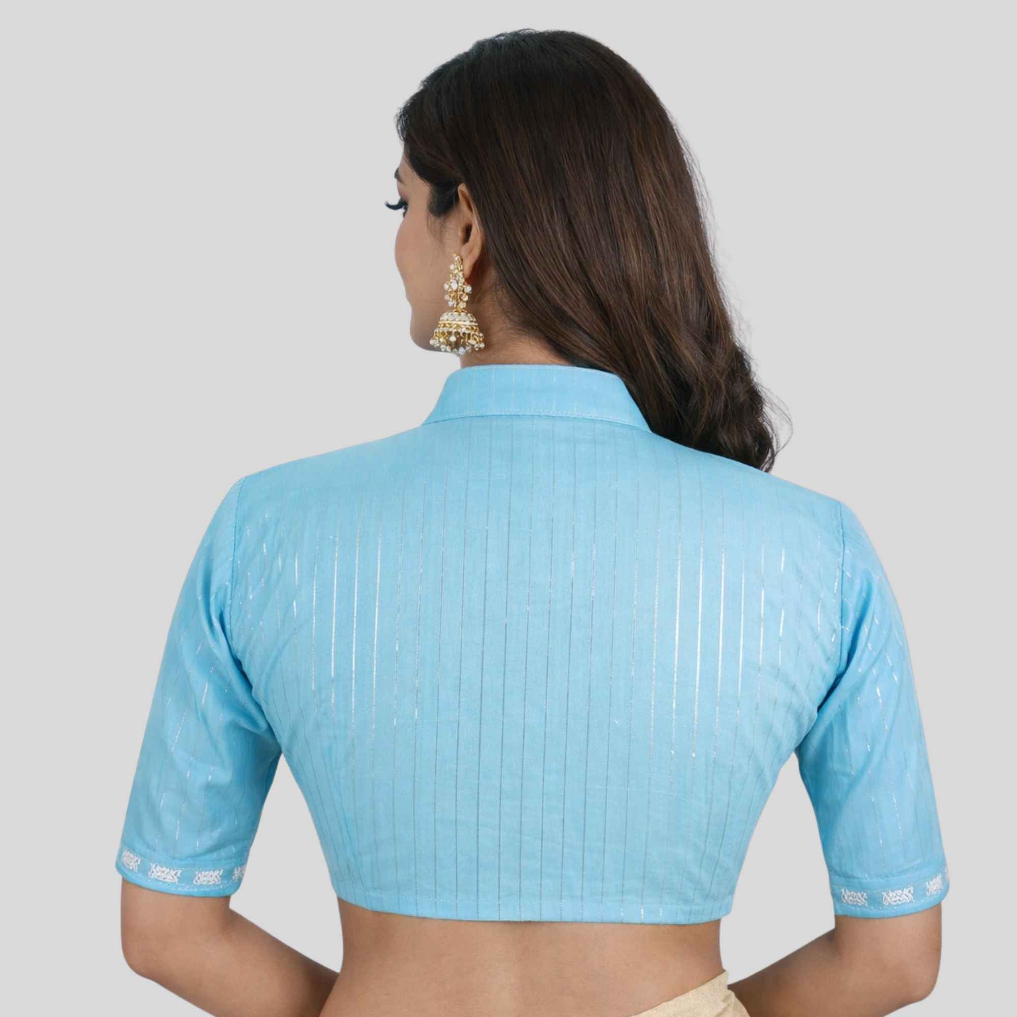 JISB Cotton Collar Neck Silver Lurex Stripe Elbow Sleeve Blouse