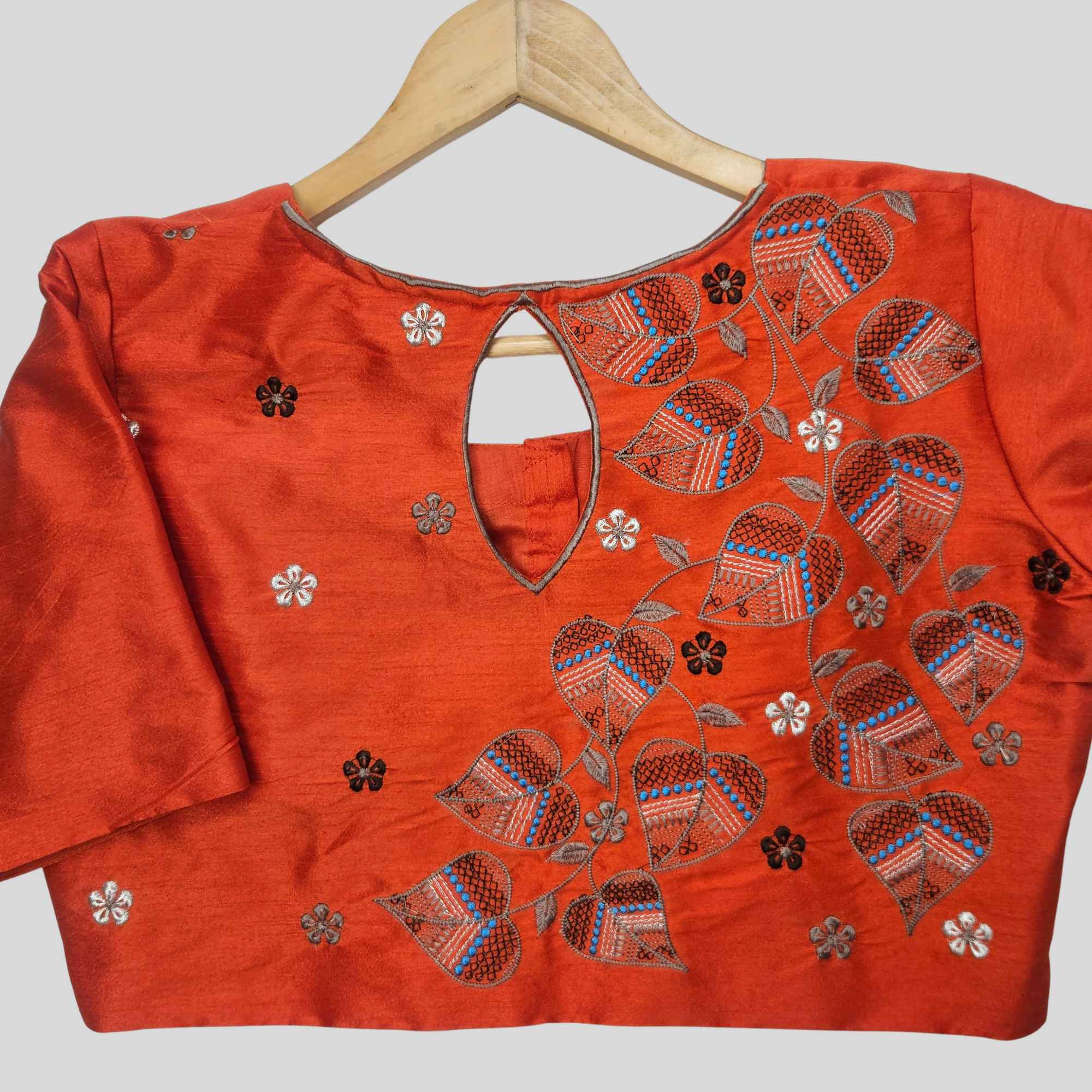 Embroidery Dupion Readymade Blouse With Elbow Sleeve,Orange