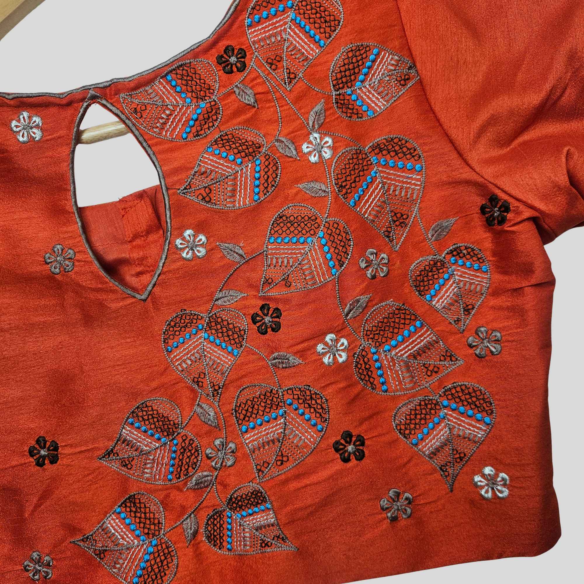 Embroidery Dupion Readymade Blouse With Elbow Sleeve,Orange