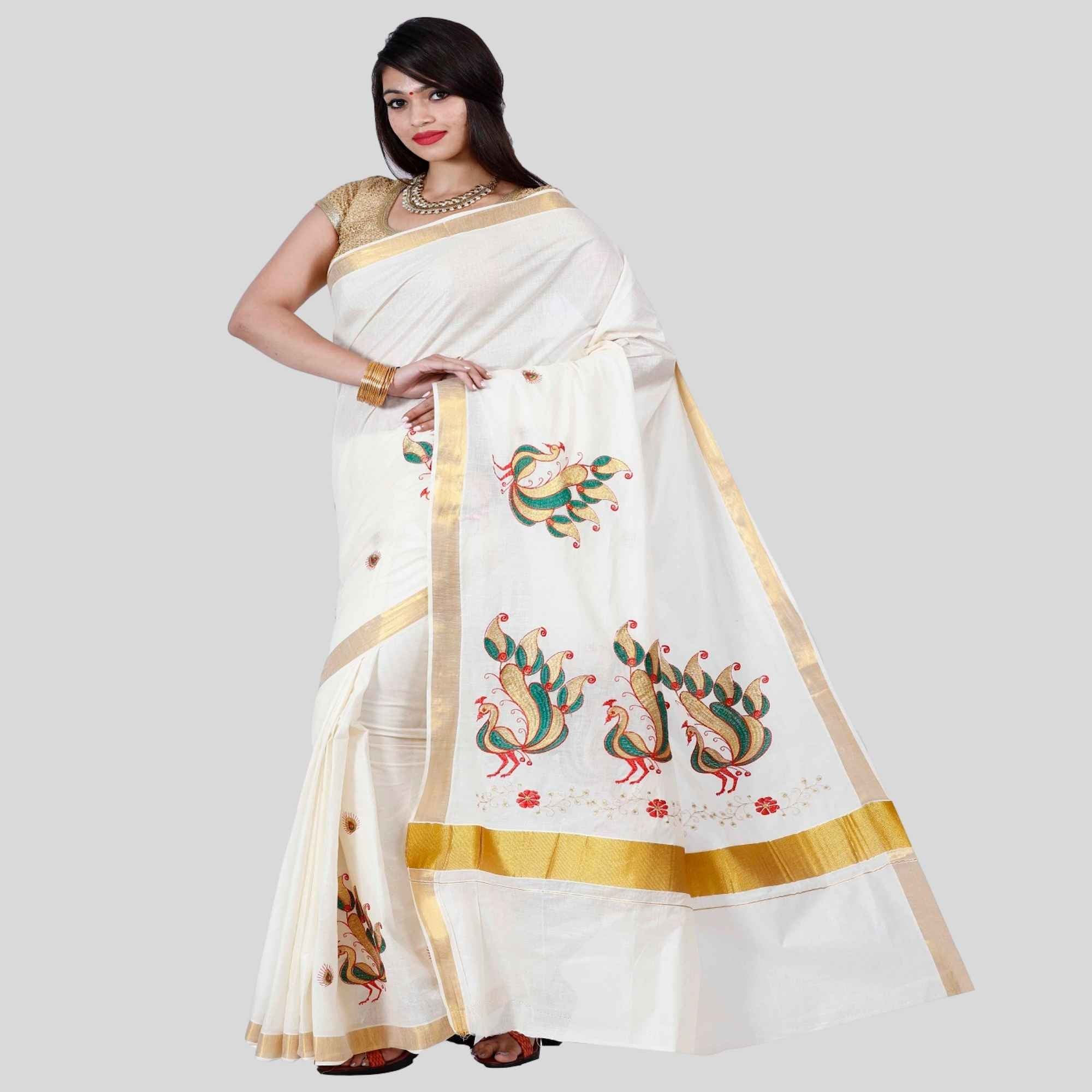 Kerala Peacock Embroidery Saree