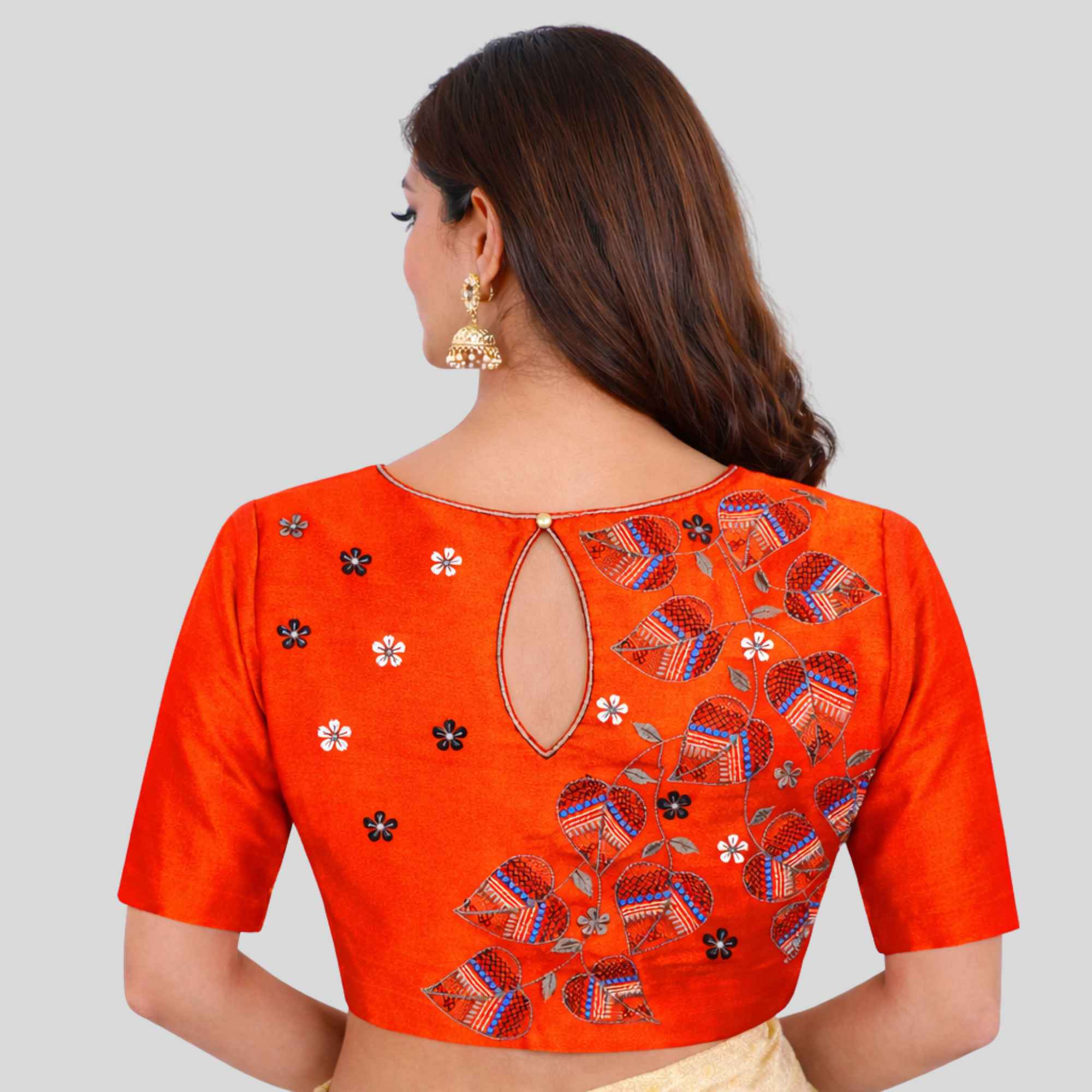 Embroidery Dupion Readymade Blouse With Elbow Sleeve, Made to order Blouse