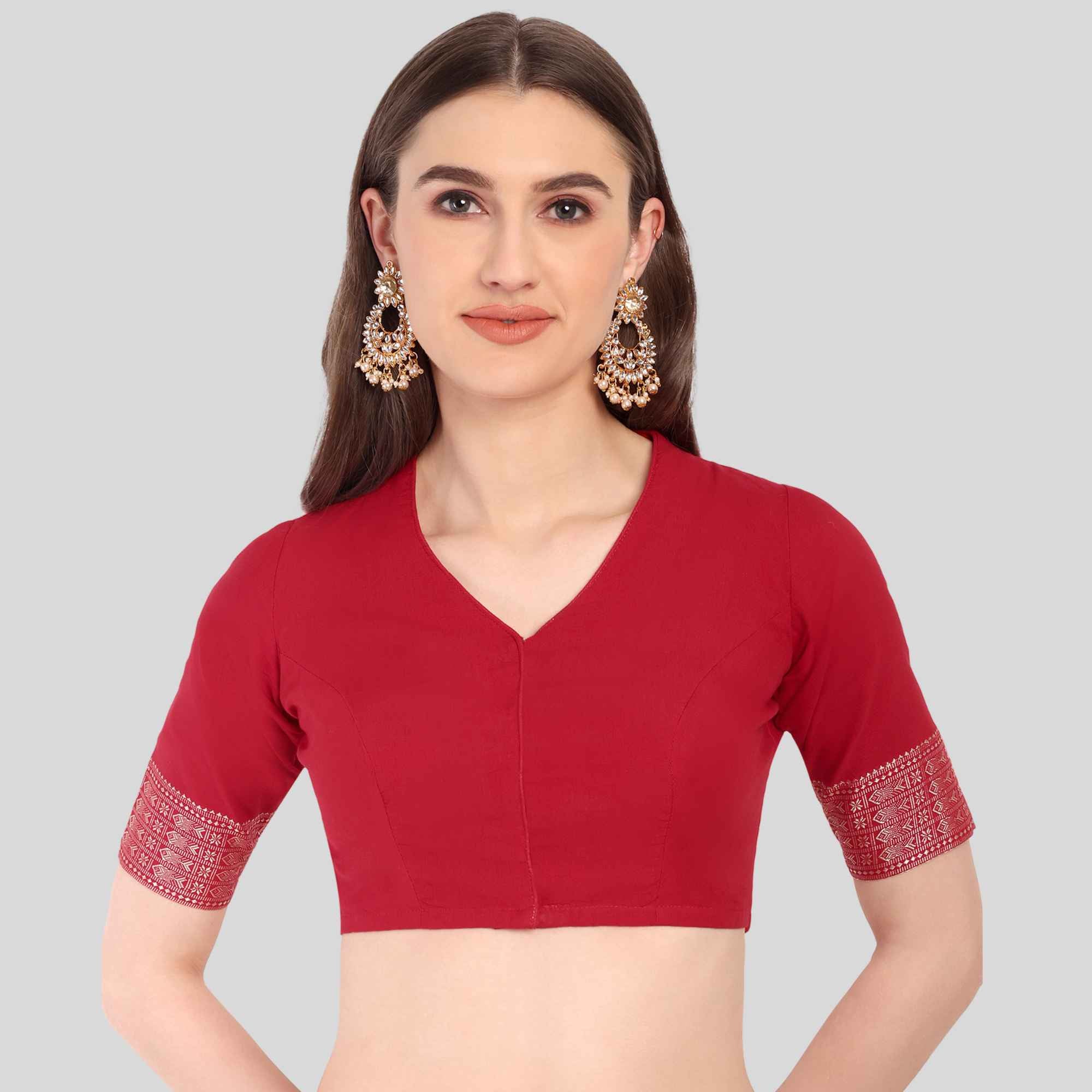 JISB Fish Border Cotton Elbow Sleeve V neck Blouse