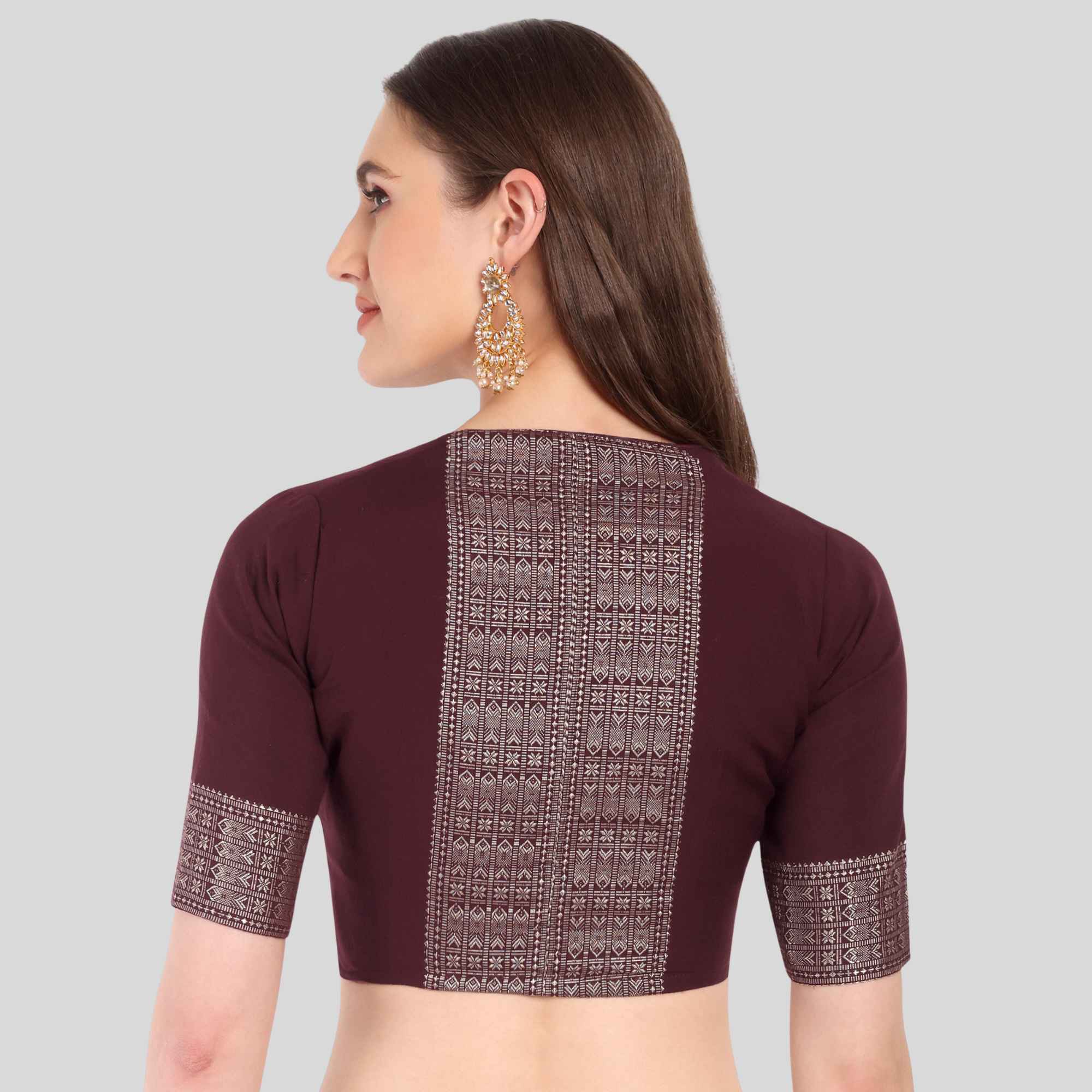 JISB Fish Border Cotton Elbow Sleeve V neck Blouse