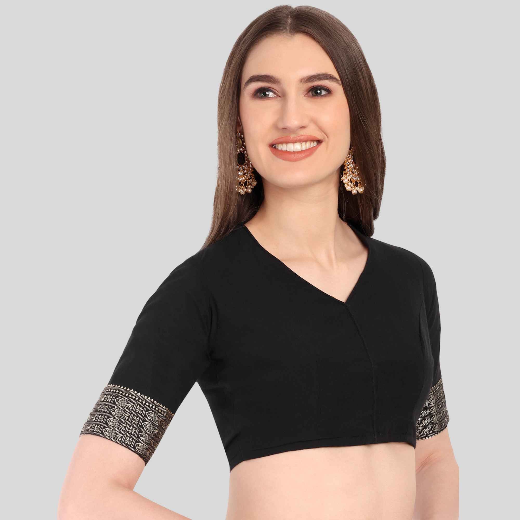 JISB Fish Border Cotton Elbow Sleeve V neck Blouse