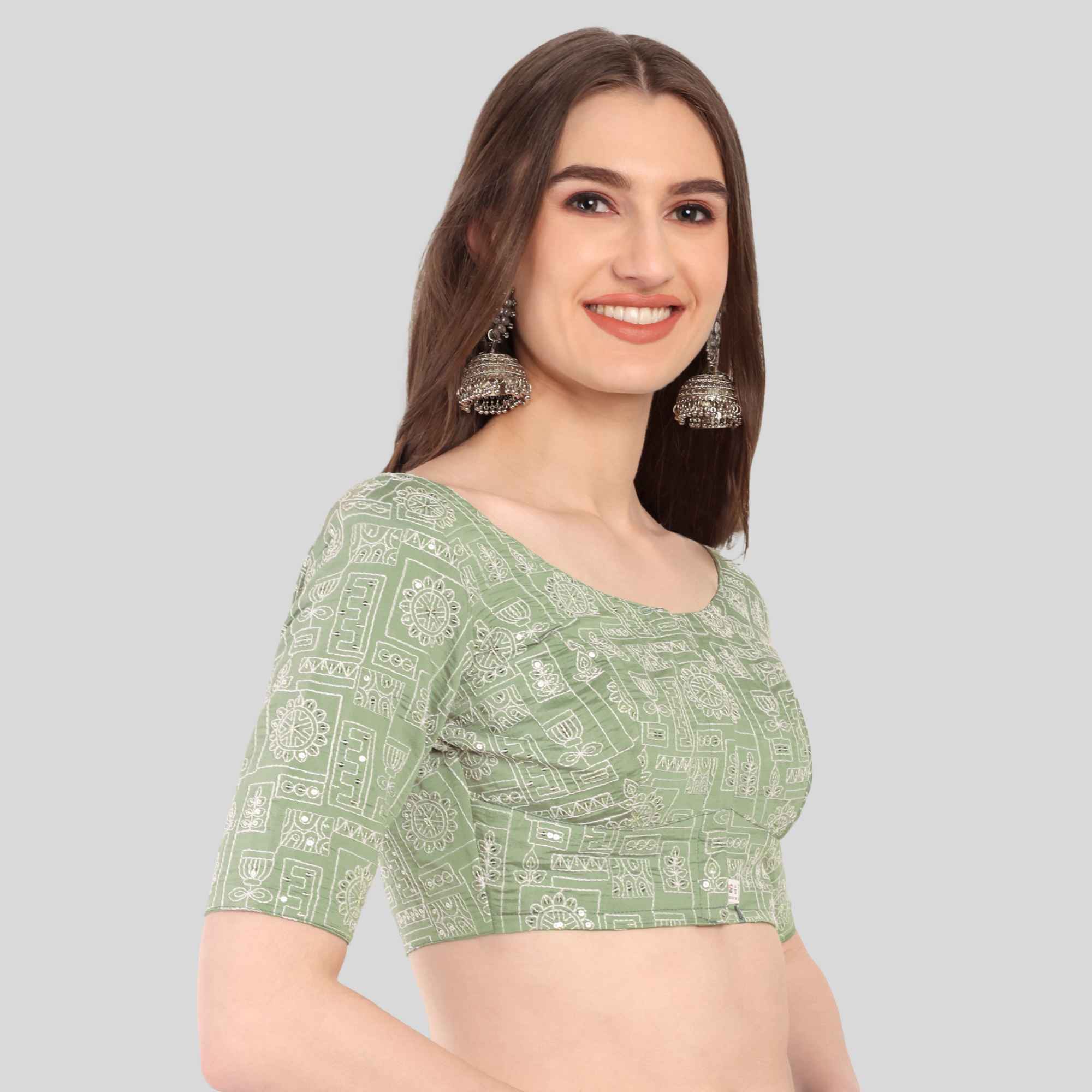 Roman Silk Normal Blouse Round Neck Elbow Sleeve Blouse