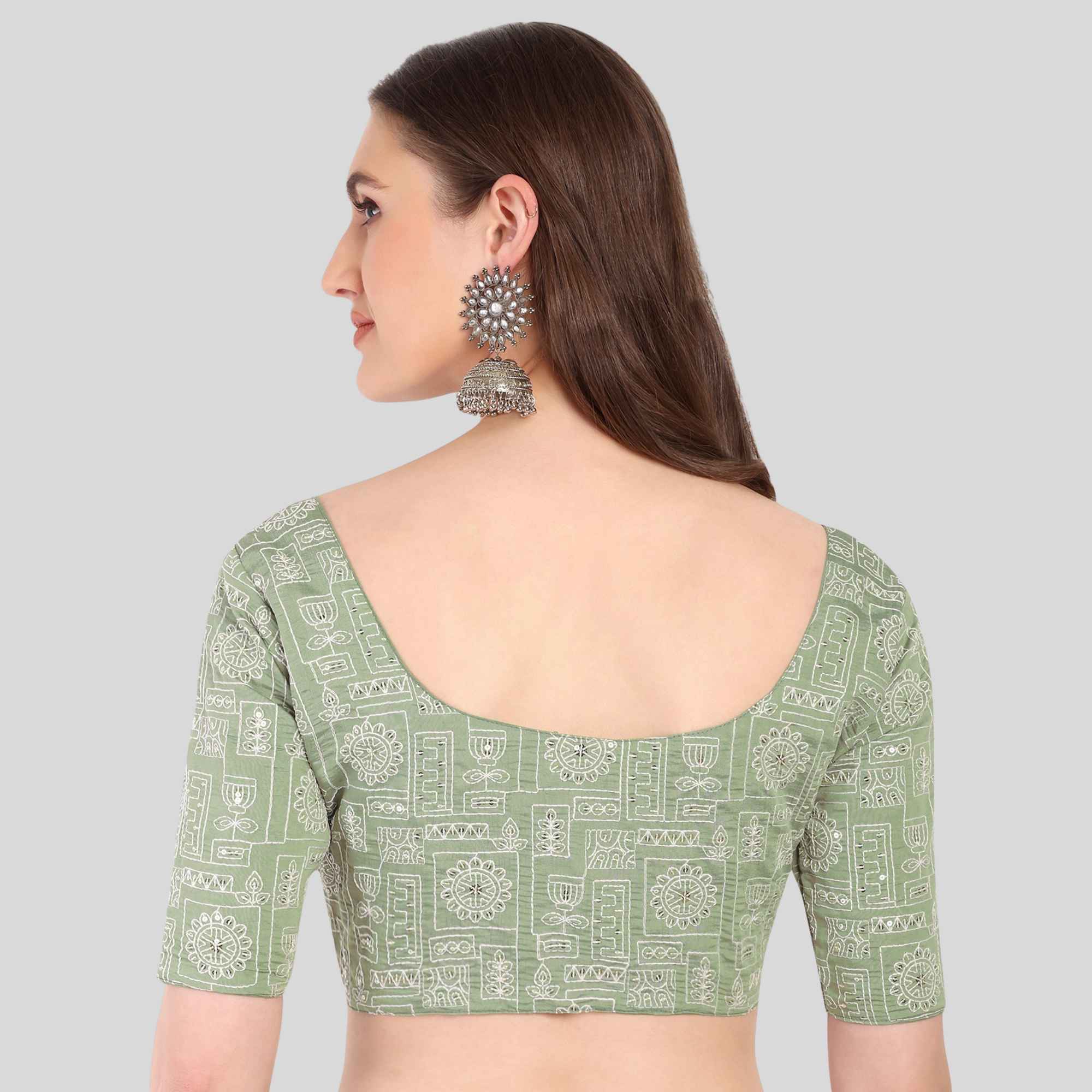 Roman Silk Normal Blouse Round Neck Elbow Sleeve Blouse