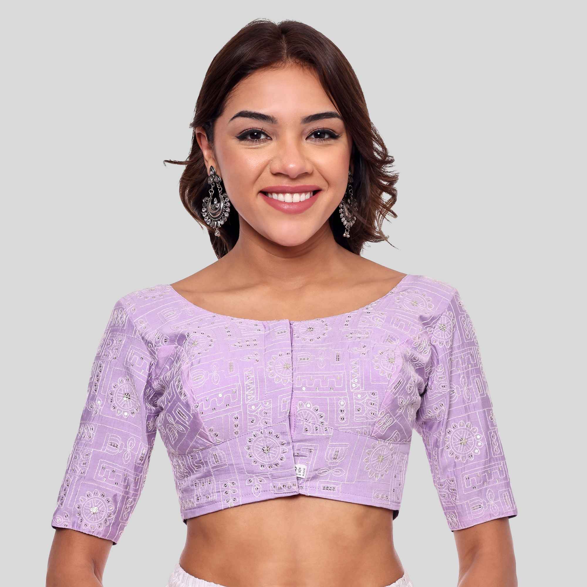 Roman Silk Normal Blouse Round Neck Elbow Sleeve Blouse