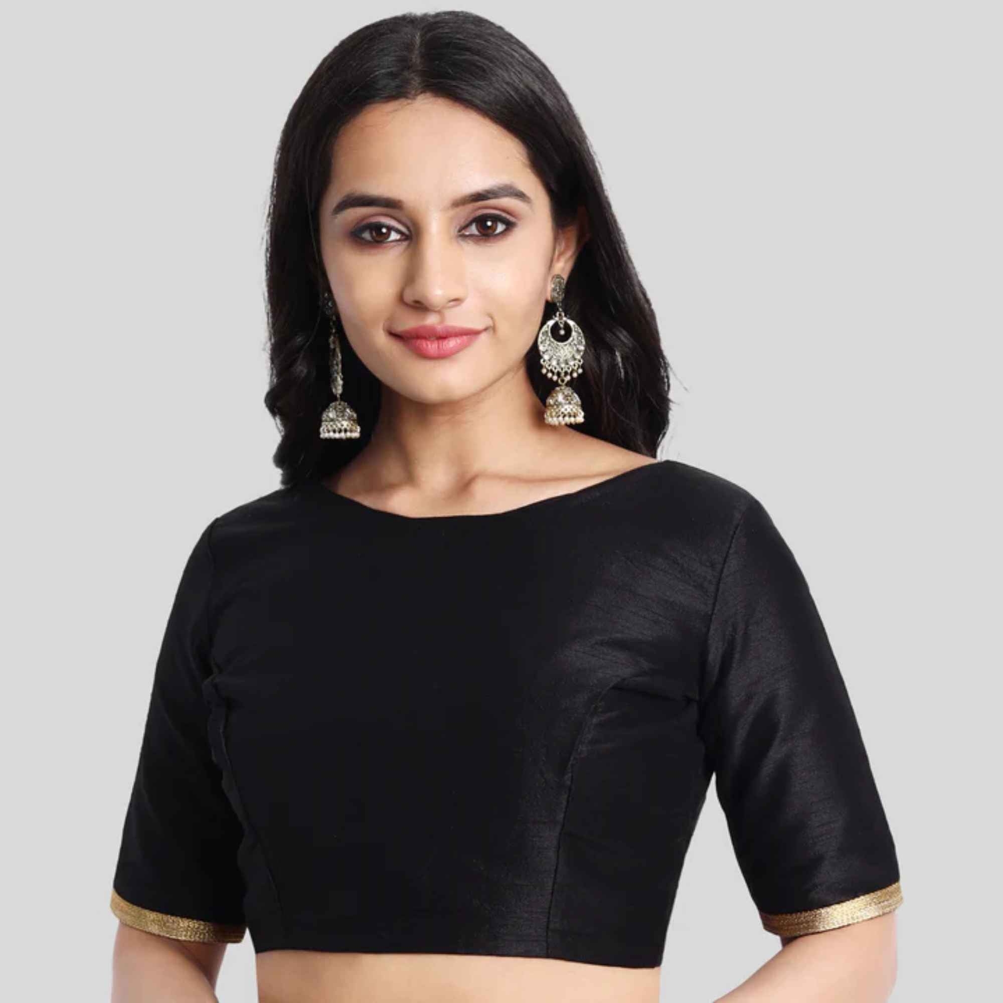 JISB Women's Dupion Raw Silk Boatneck Elbow Sleeve Blouse