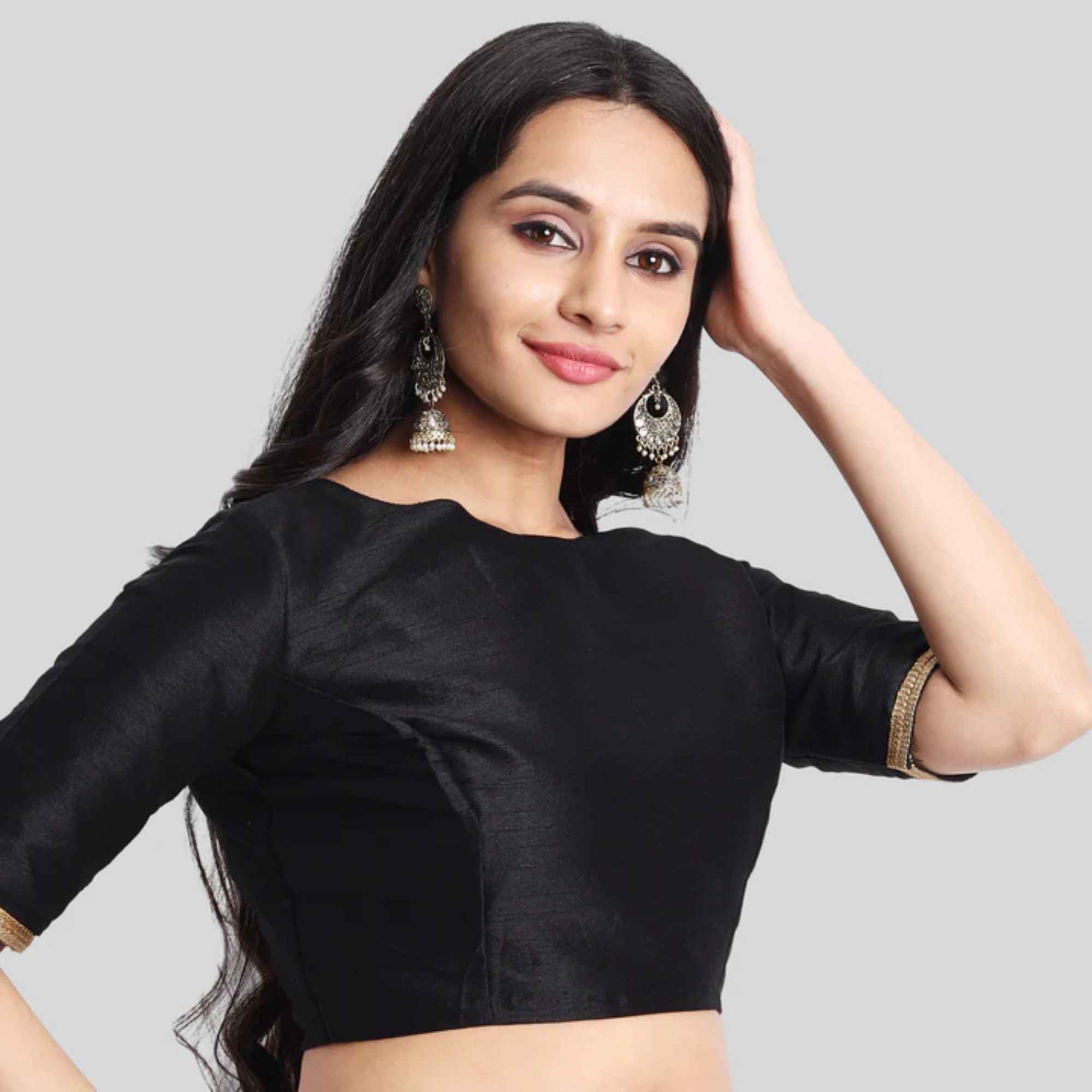 JISB Women's Dupion Raw Silk Boatneck Elbow Sleeve Blouse