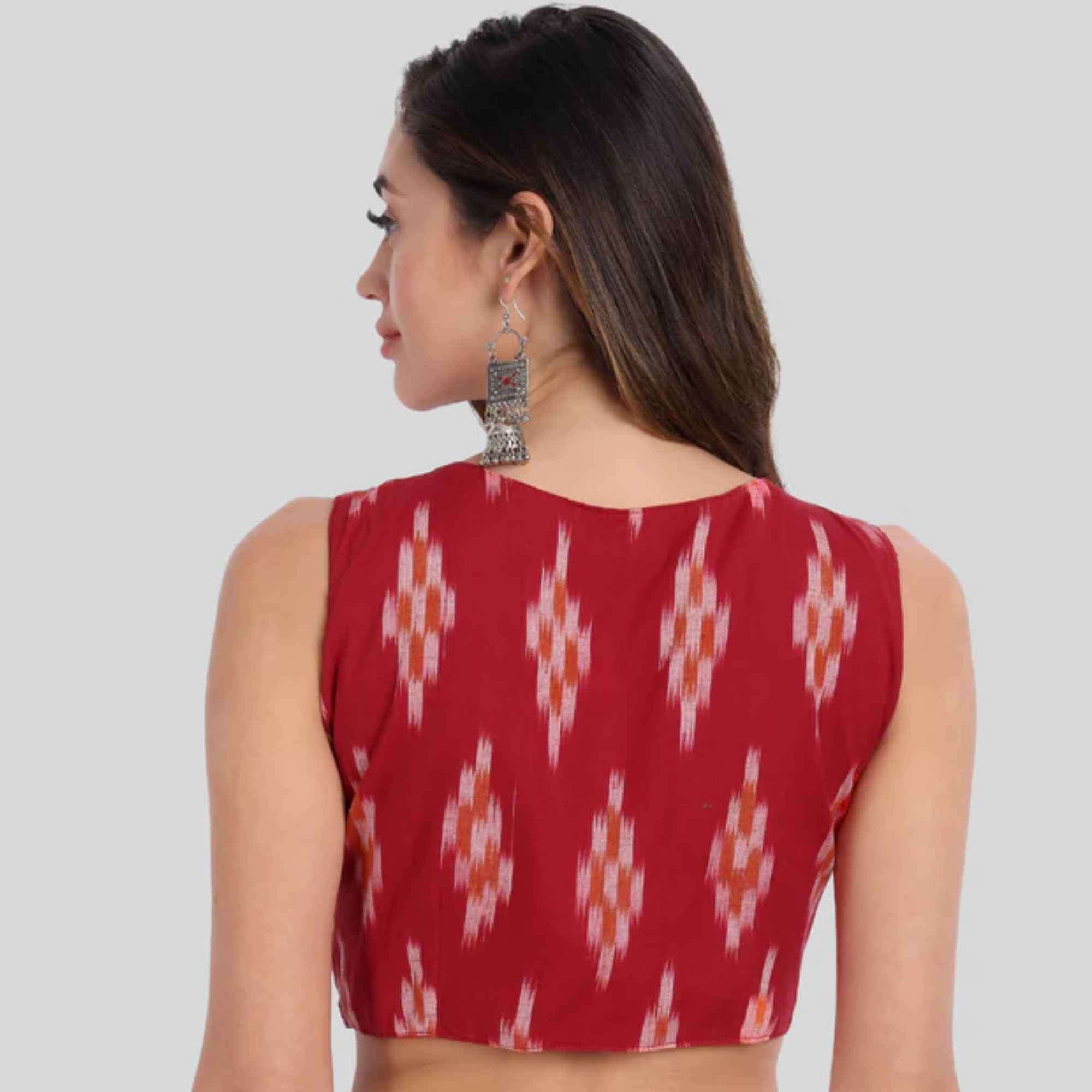 JISB Cotton Ikkat Boat Neck Sleeveless Blouse