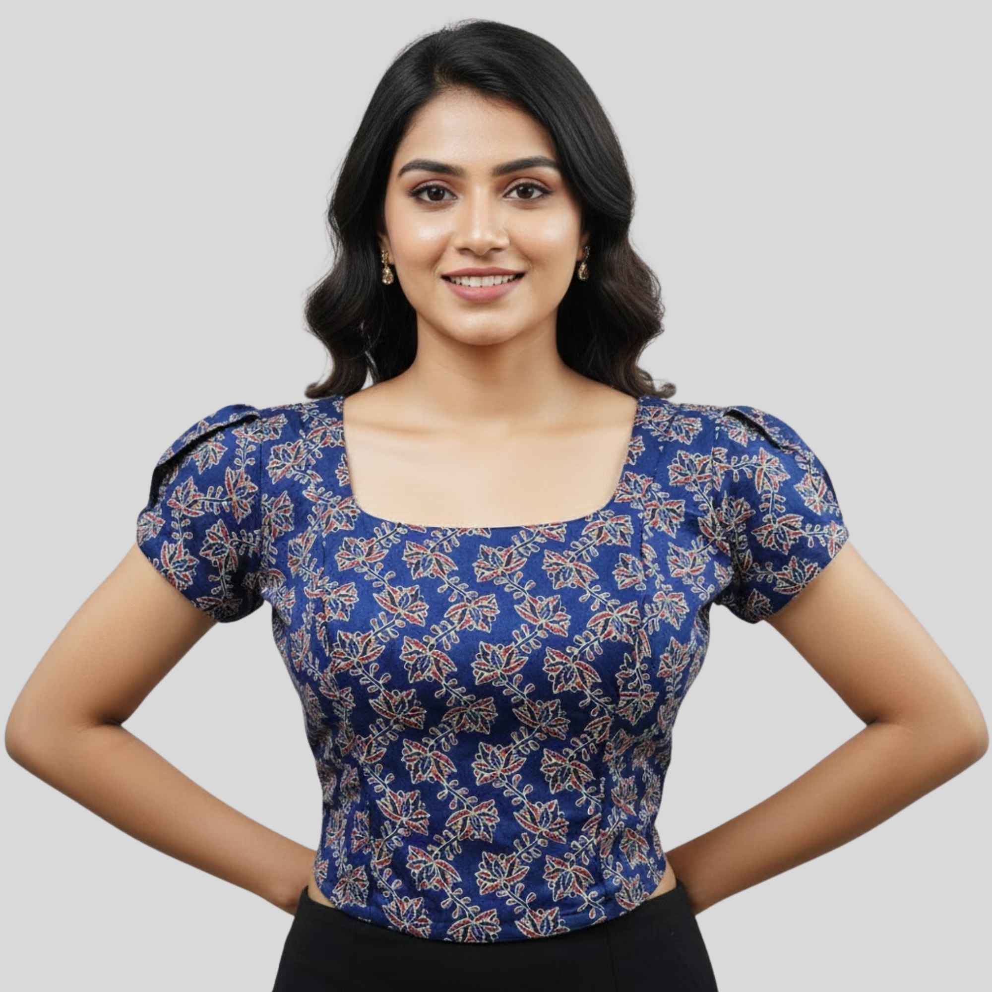 Printed Cotton Corset  With Overlap Puff Sleeve Blouse