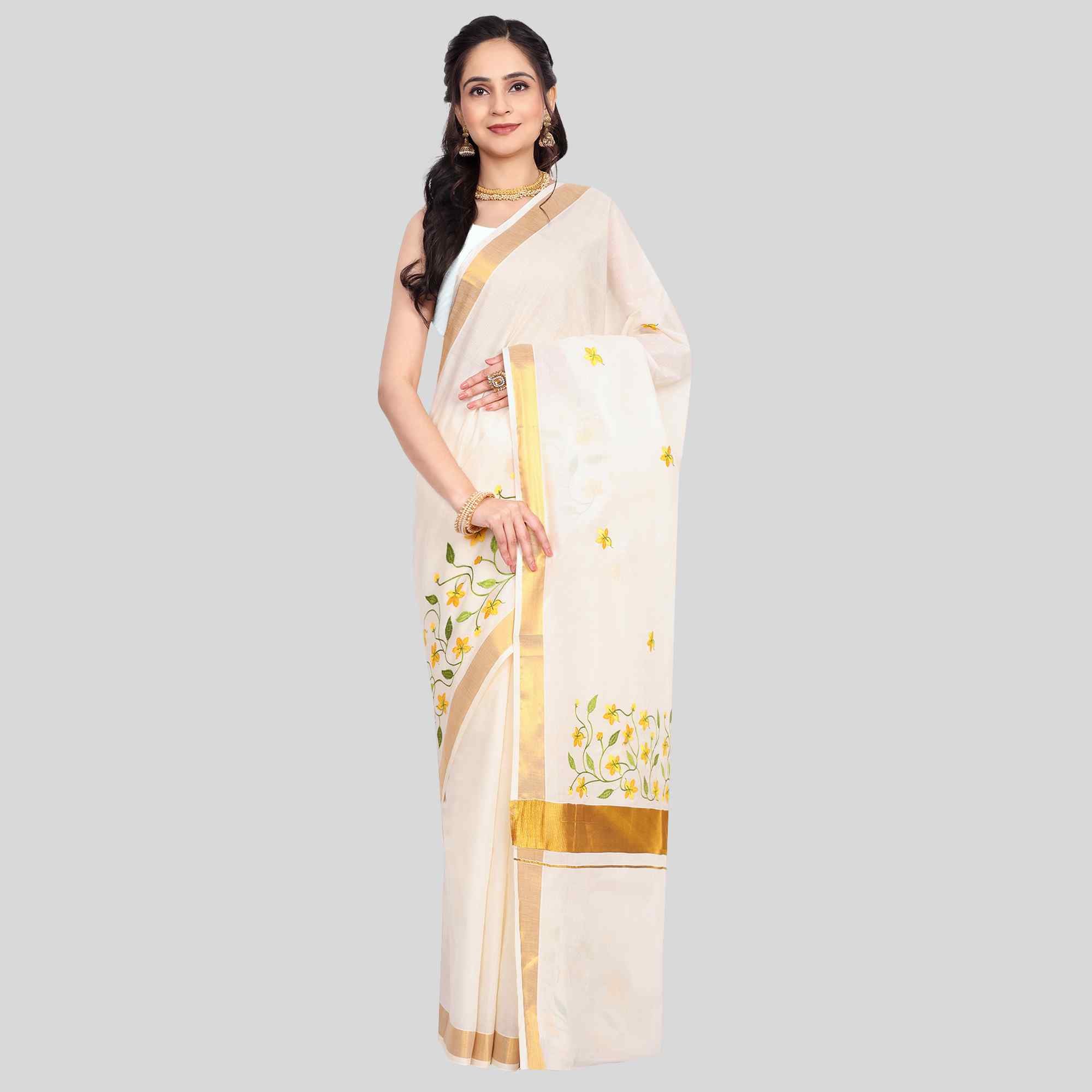 Golden Yellow Flower Embroidered Kerala Saree