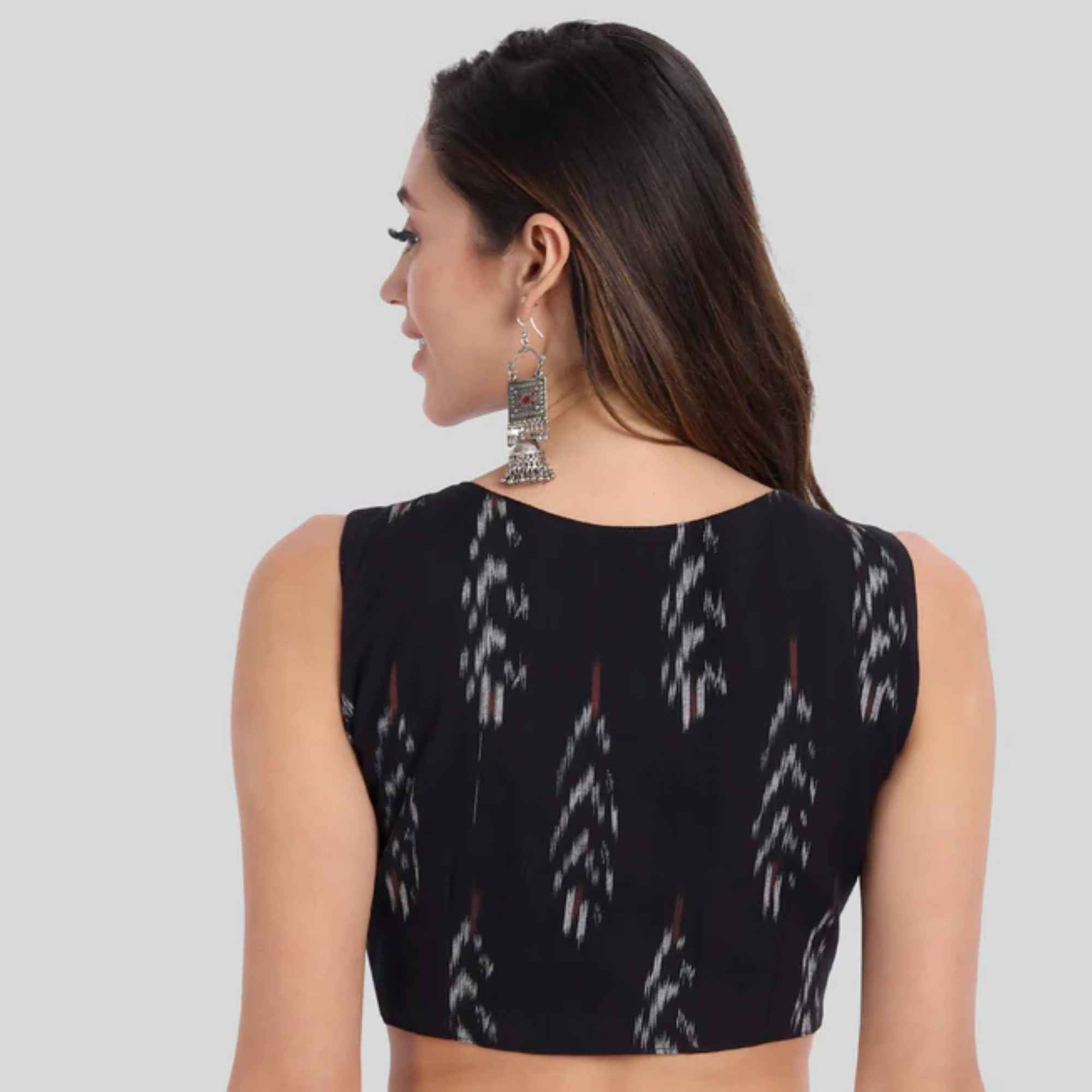 JISB Cotton Ikkat Boat Neck Sleeveless Blouse