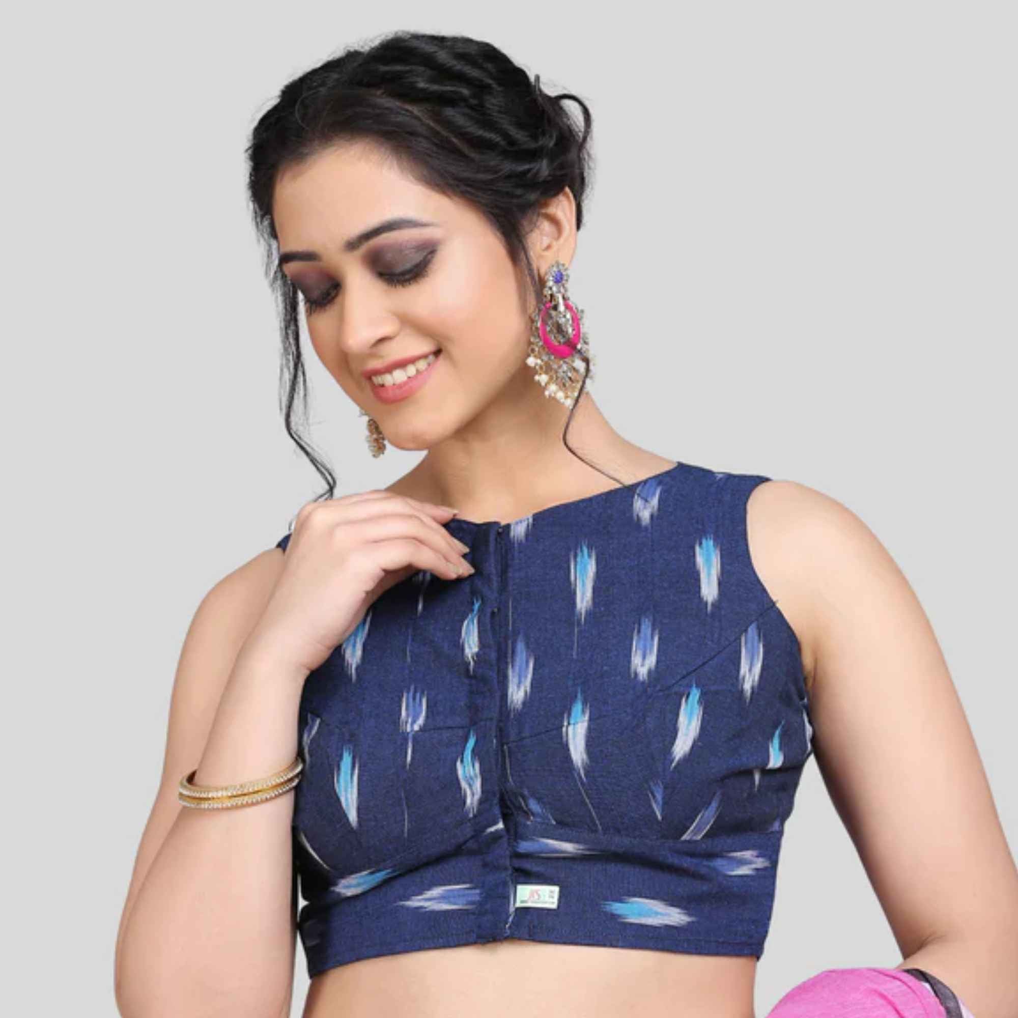 JISB Cotton Ikkat Boat Neck Sleeveless Blouse