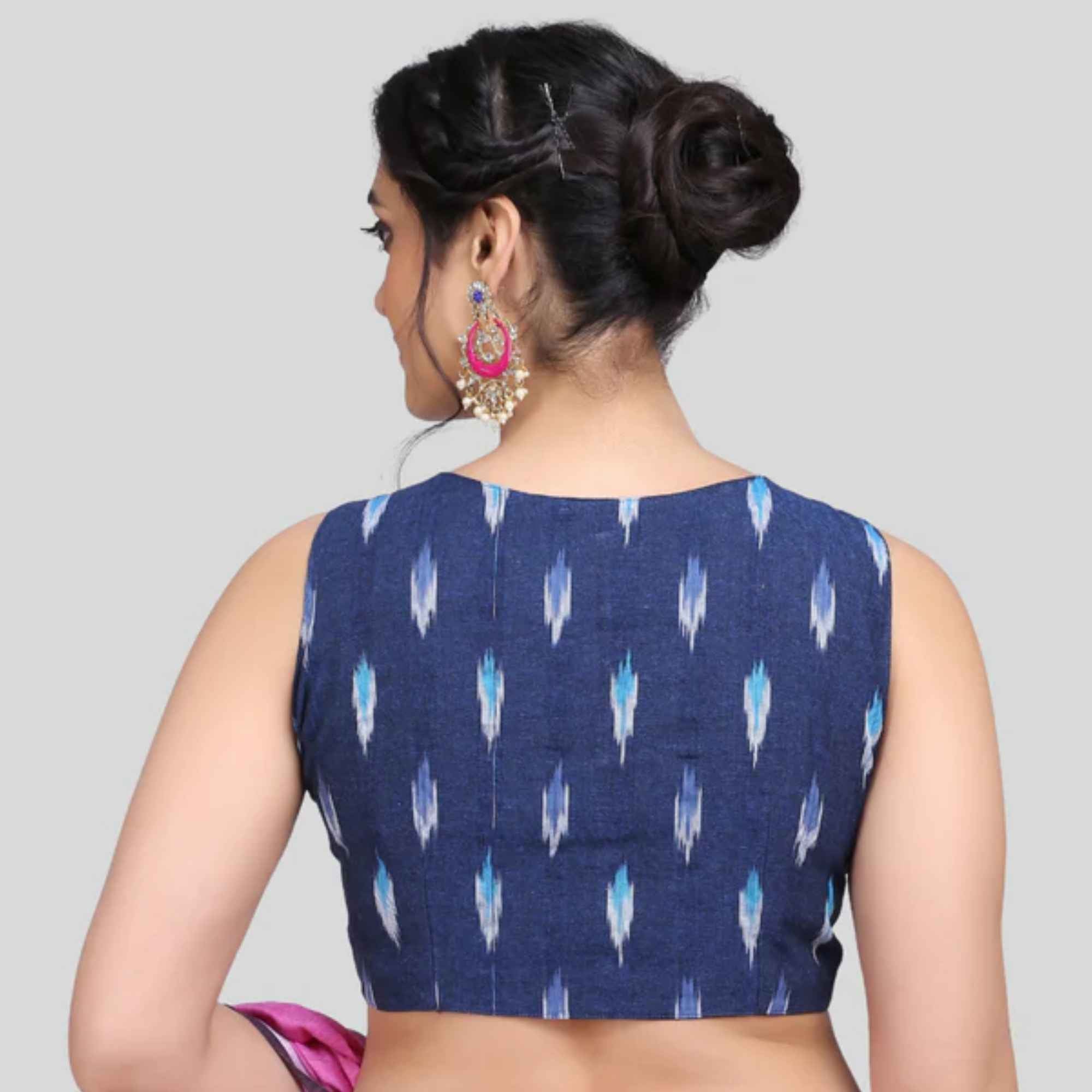 JISB Cotton Ikkat Boat Neck Sleeveless Blouse