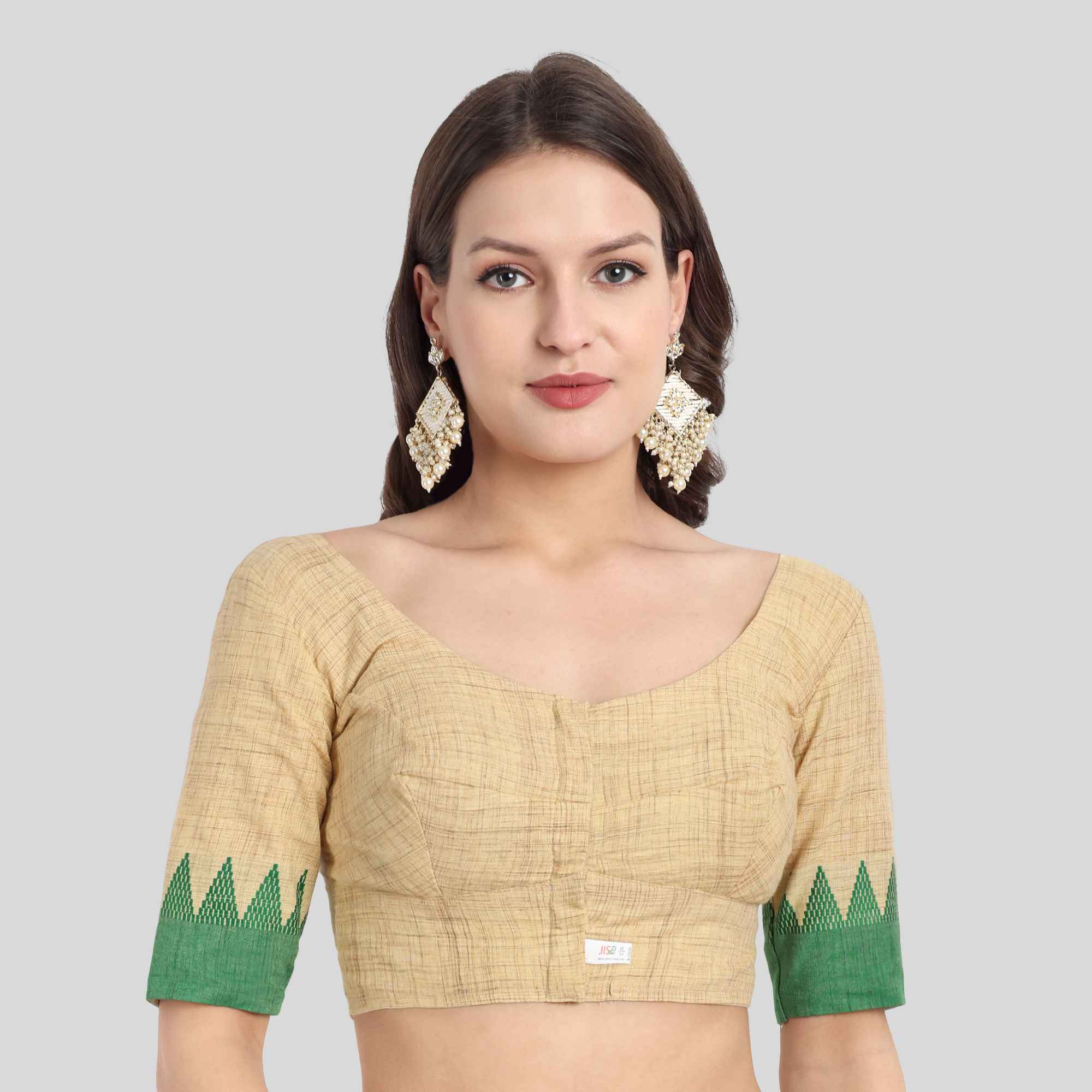 Temple Border Cotton Elbow Sleeve Blouse