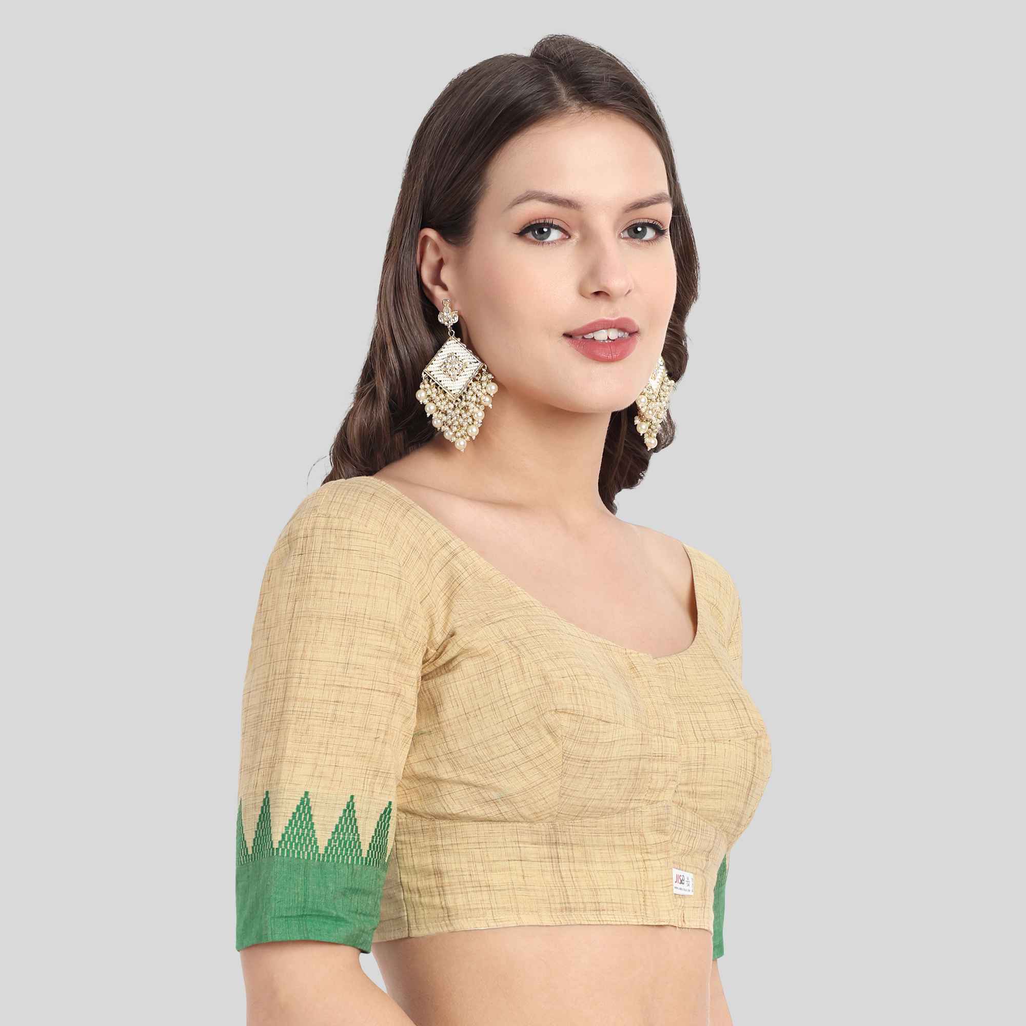 Temple Border Cotton Elbow Sleeve Blouse