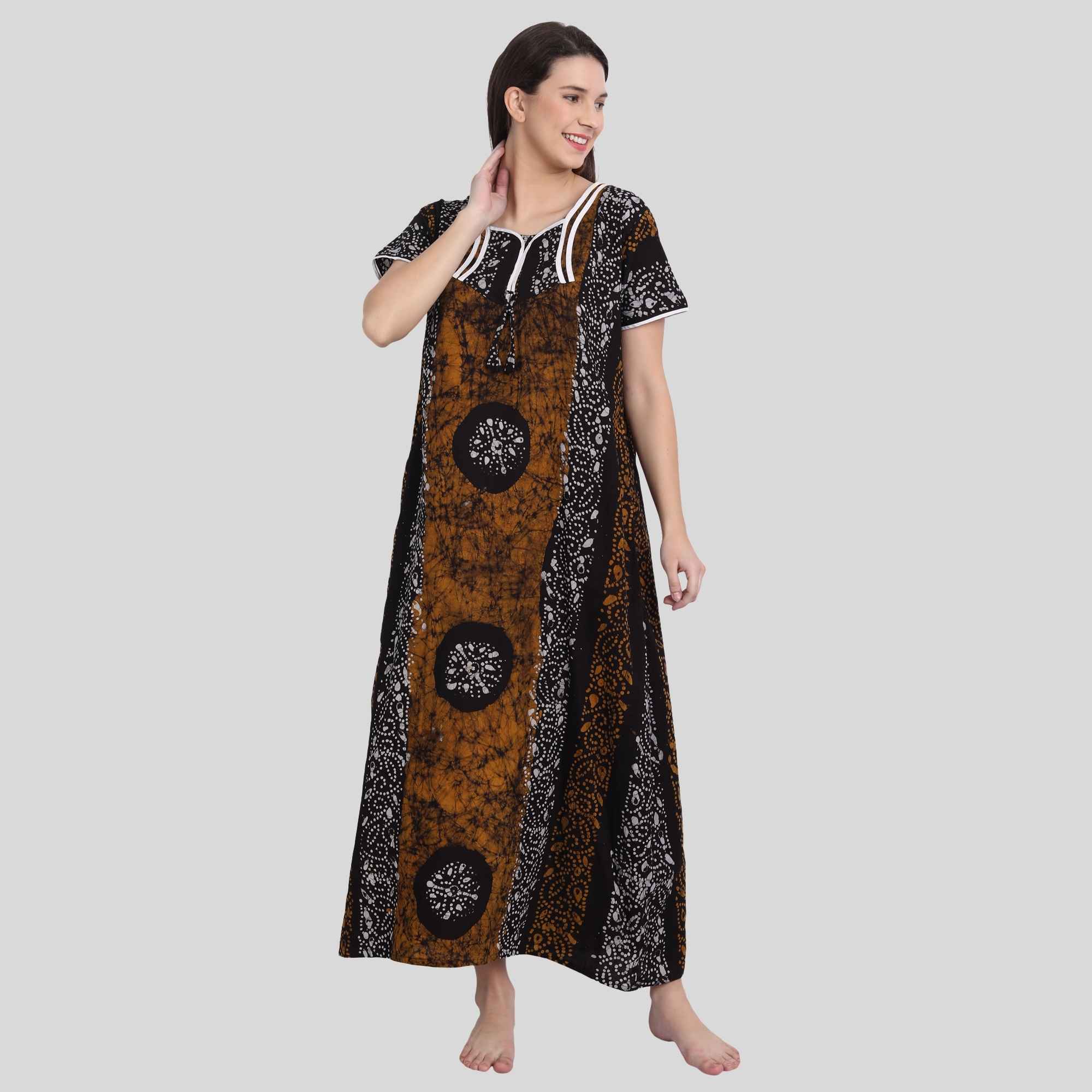 Maxi women batik print cotton nighty mustard