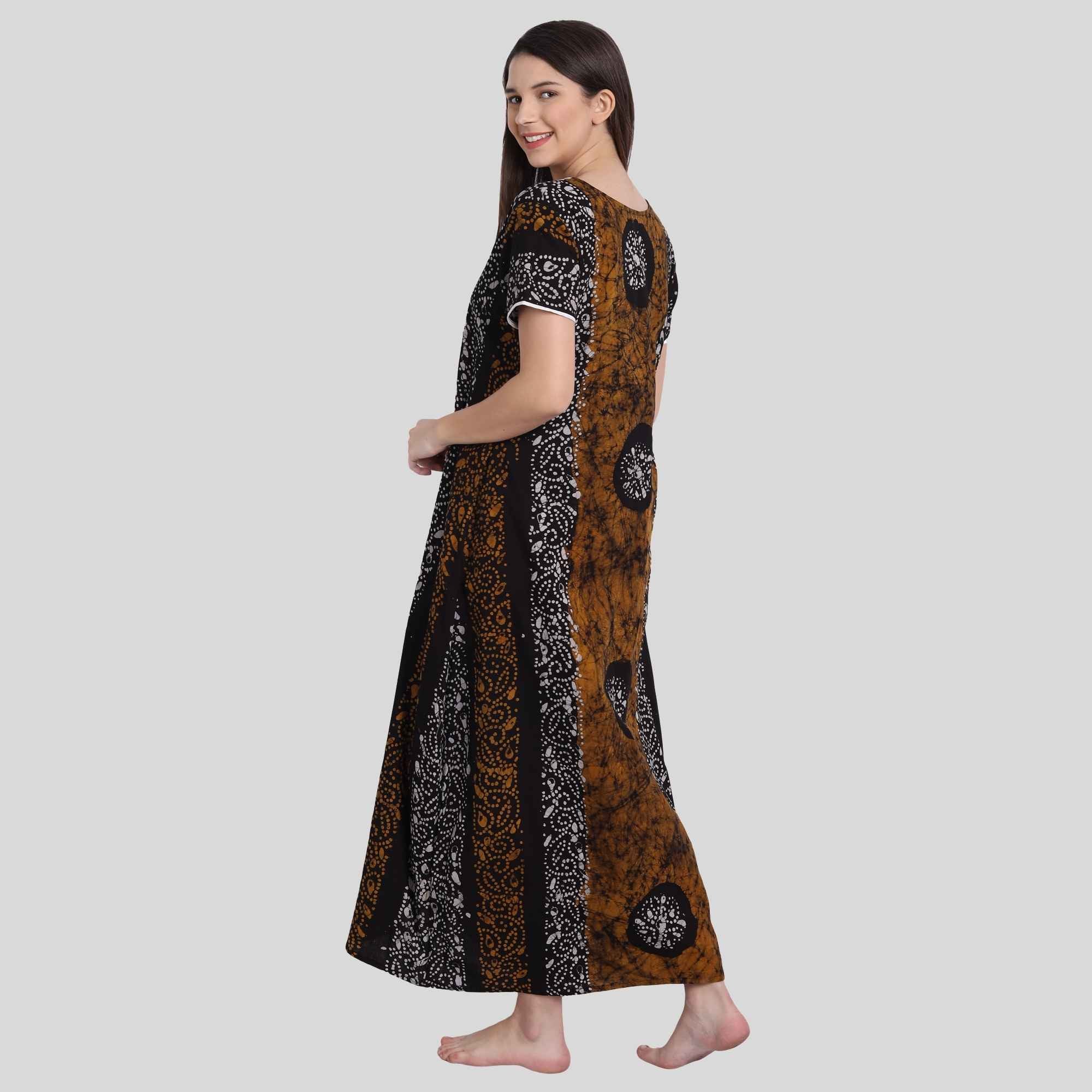 Women batik print cotton nighty mustard