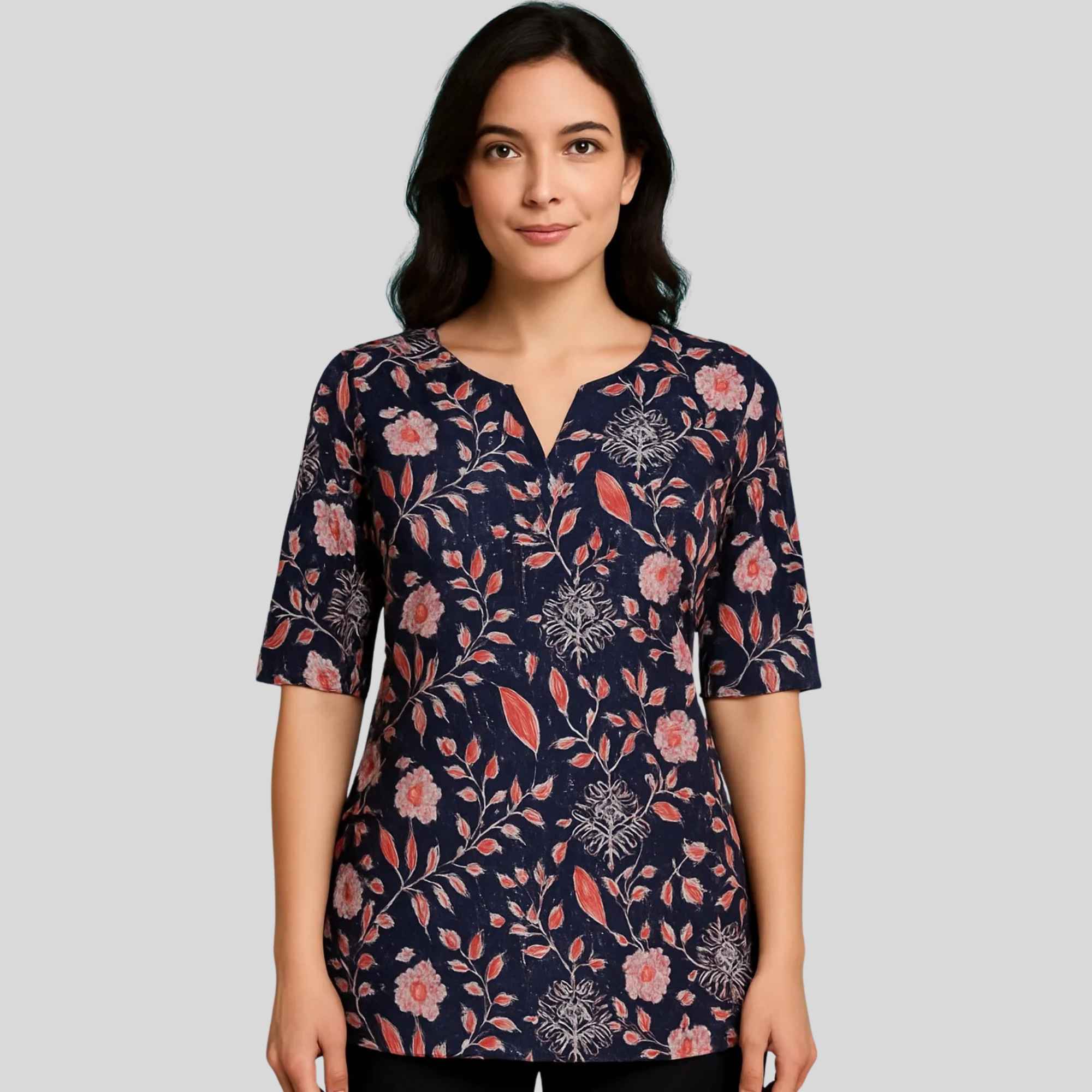 JISB Cotton Printed Short kurti with elbow sleeves, Navy