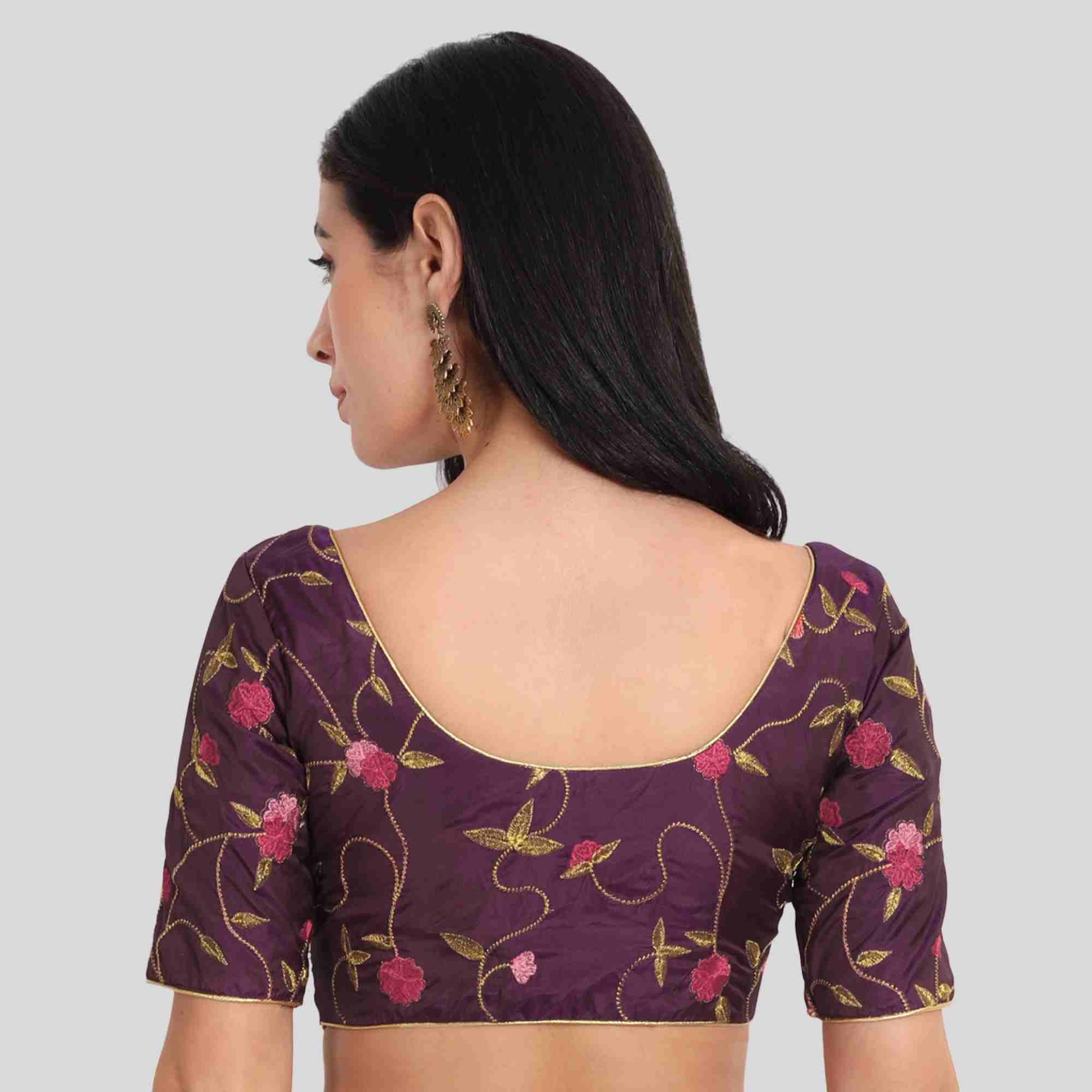 Purple All over Embroidered Silk cotton readymade Blouse with Cotton Lining