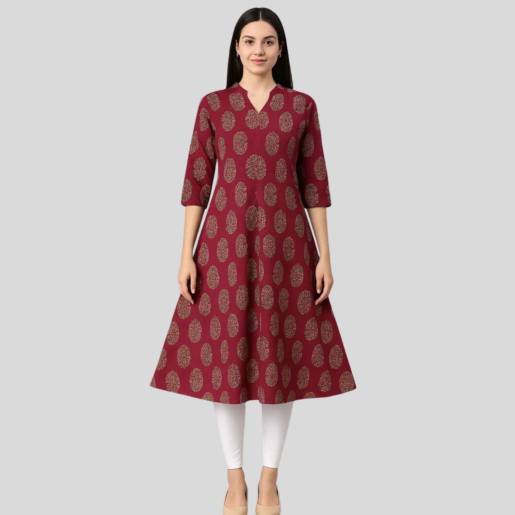 Printed Cotton Kurti With Collar Neck and Umbrella Cut
