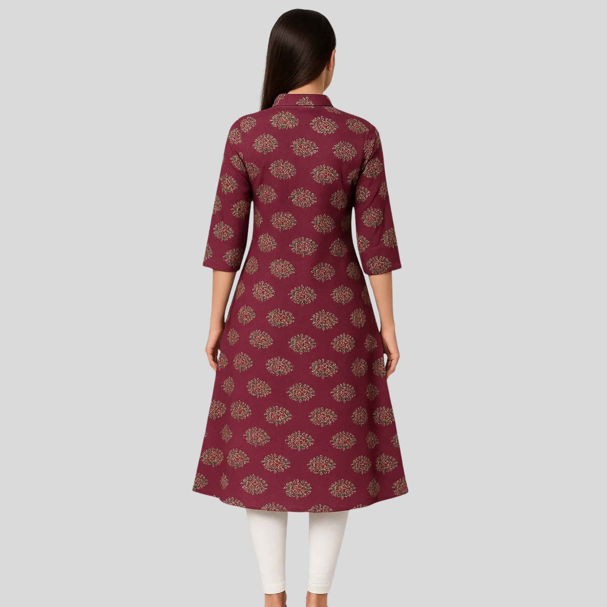 Printed Cotton Kurti With Collar Neck and Umbrella Cut