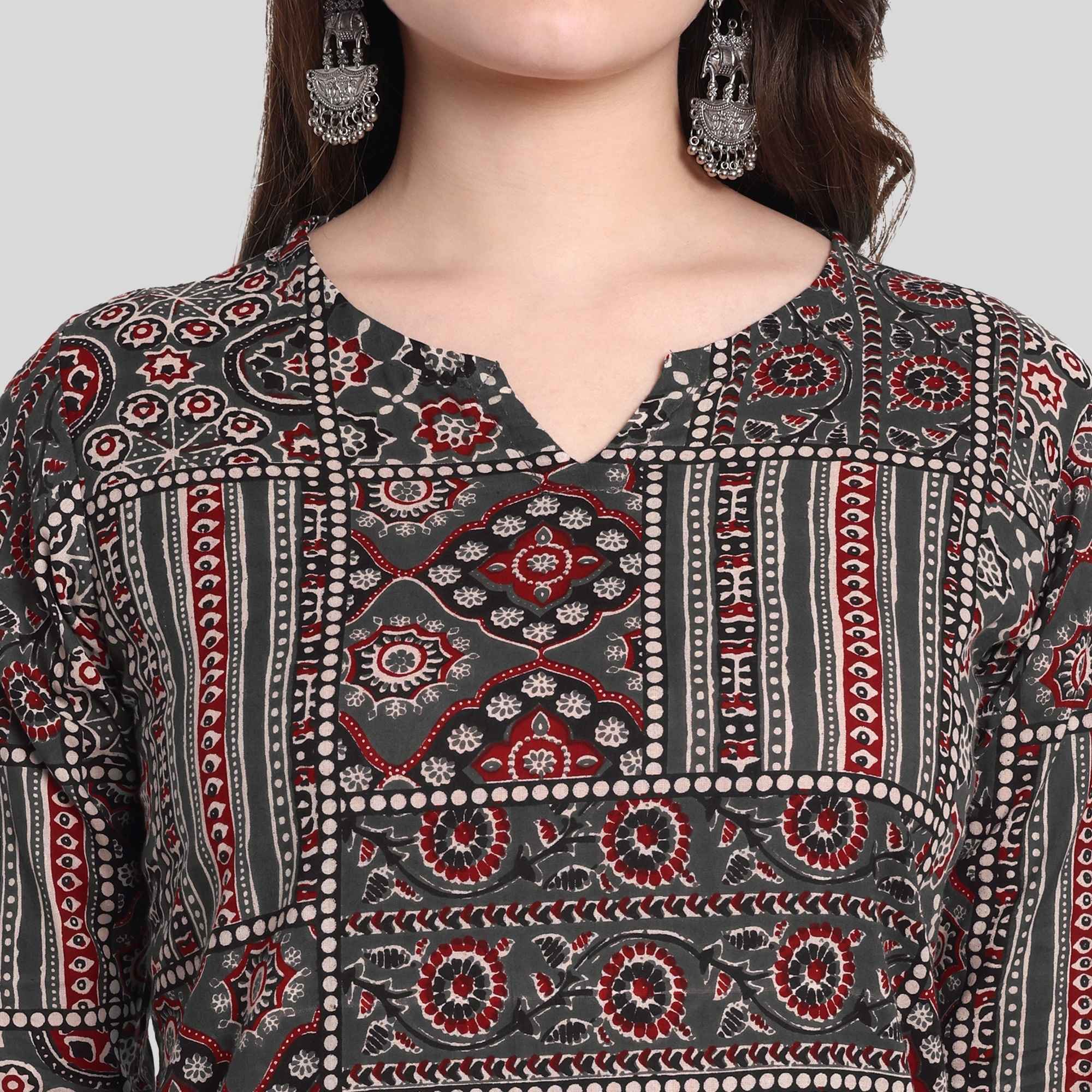 Brown Printed Cotton Sidecut Kurti