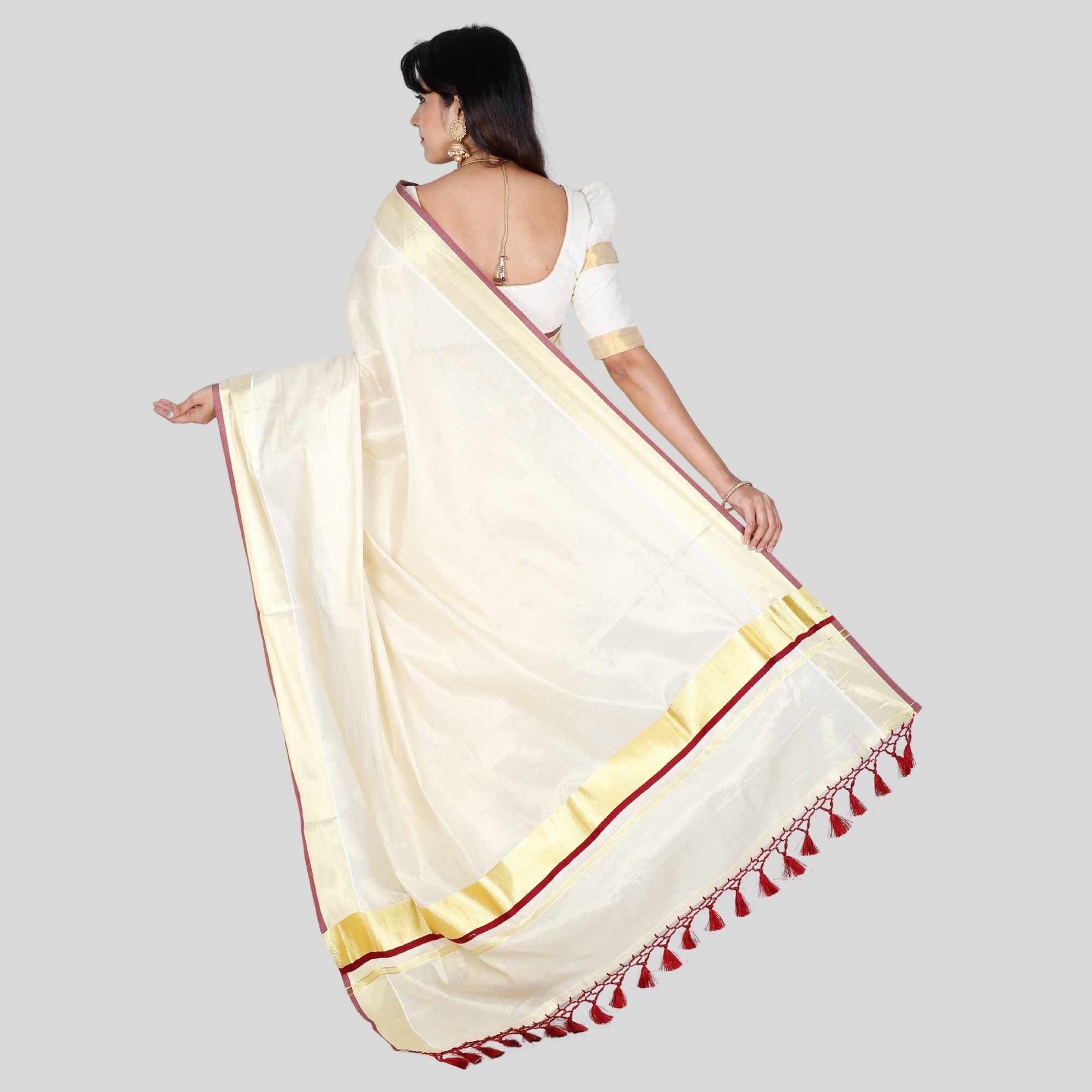 Tissue Kerala saree with fringes