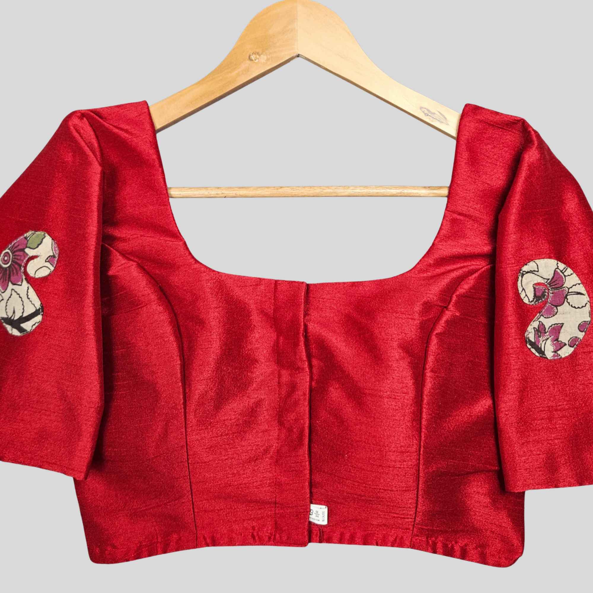 Raw Silk Round Neck Elbow Sleeve Blouse with Patch Work