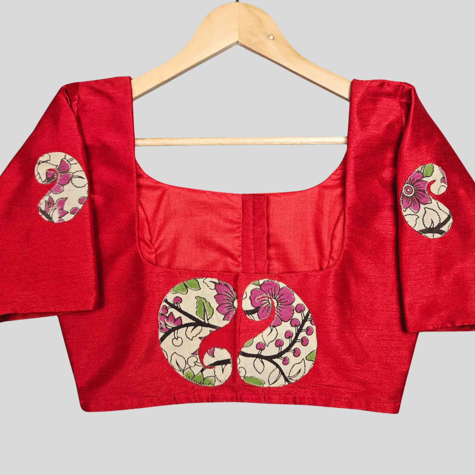 Raw Silk Round Neck Elbow Sleeve Blouse with Patch Work