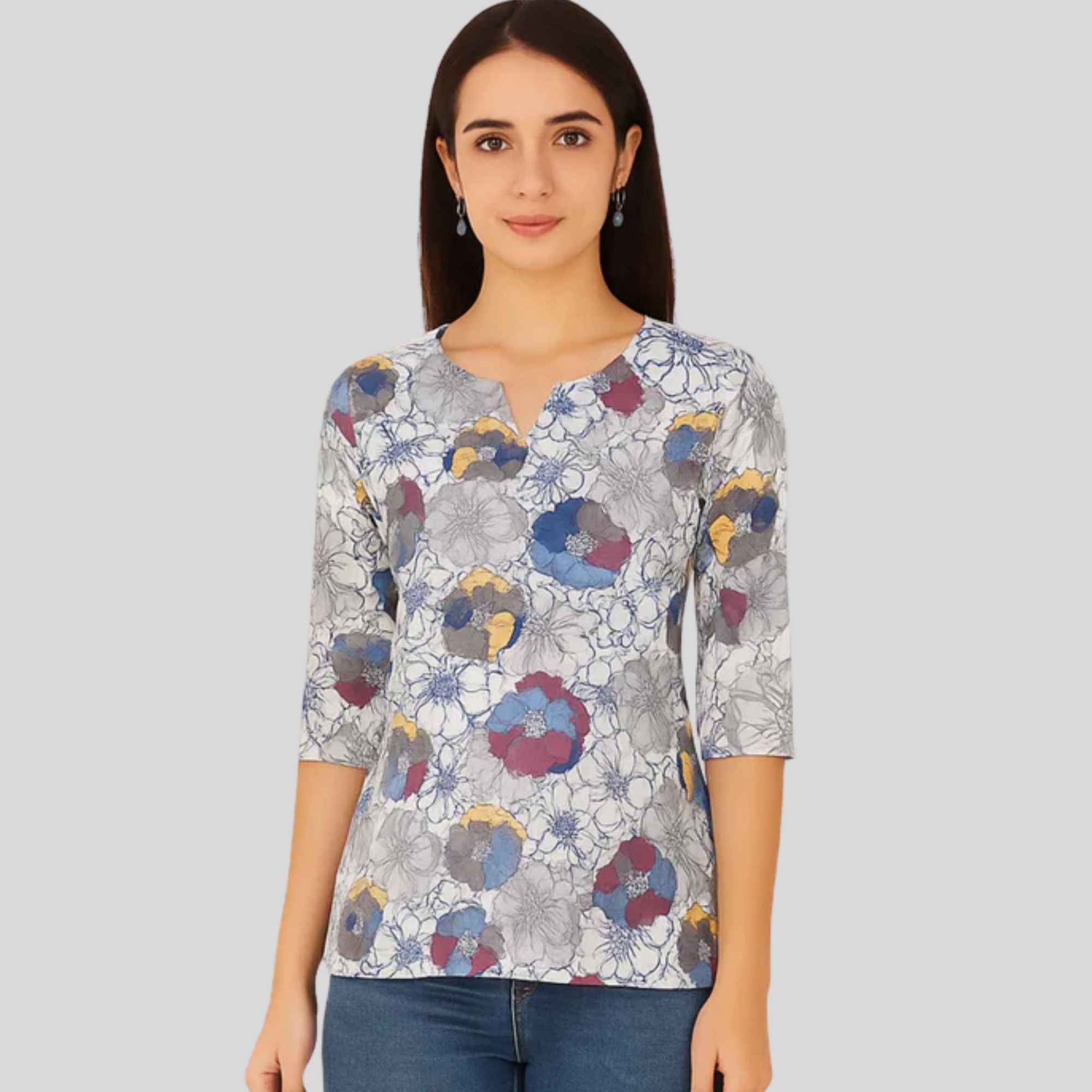 JISB Cotton Printed Short kurti with elbow sleeves,White