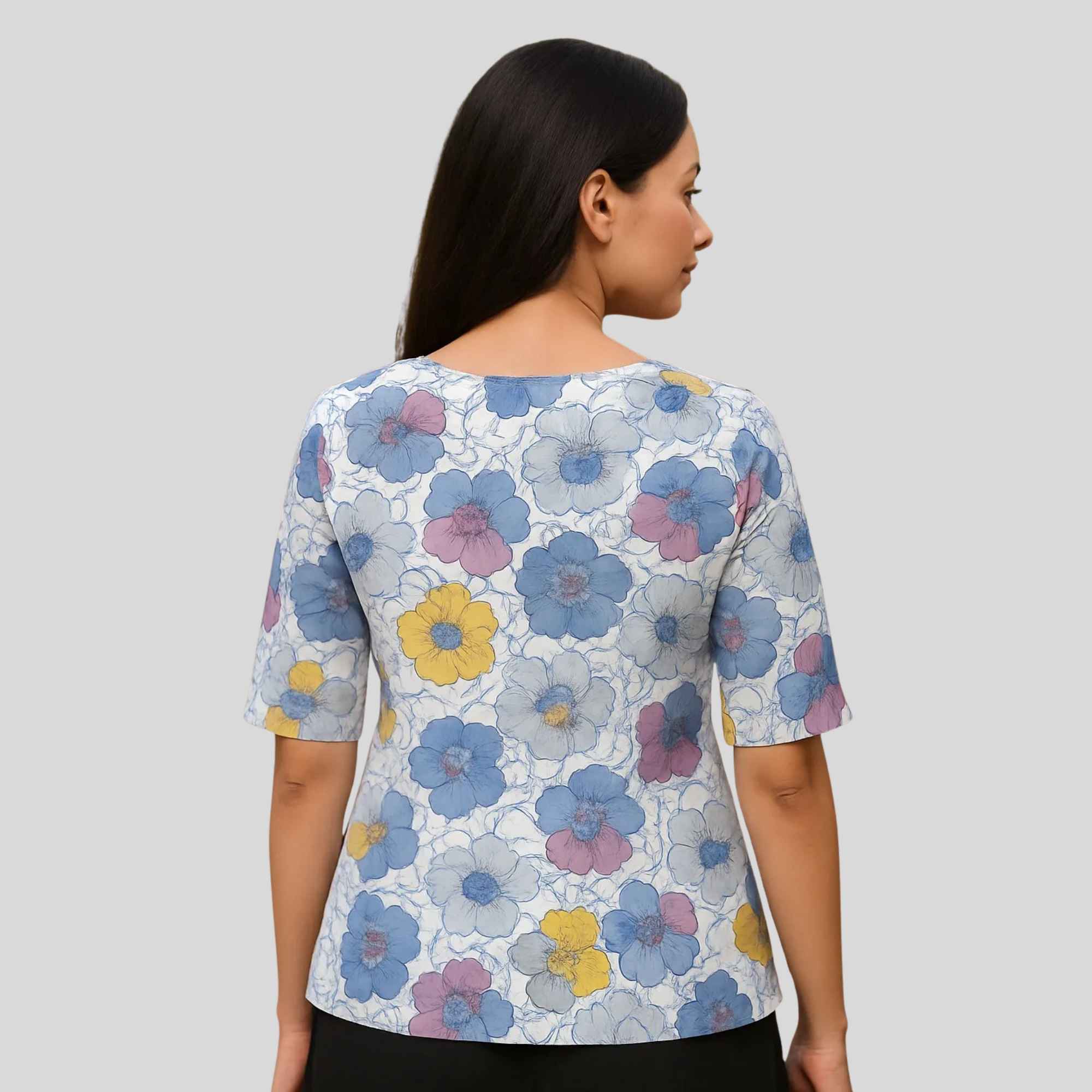 JISB Cotton Printed Short kurti with elbow sleeves,White