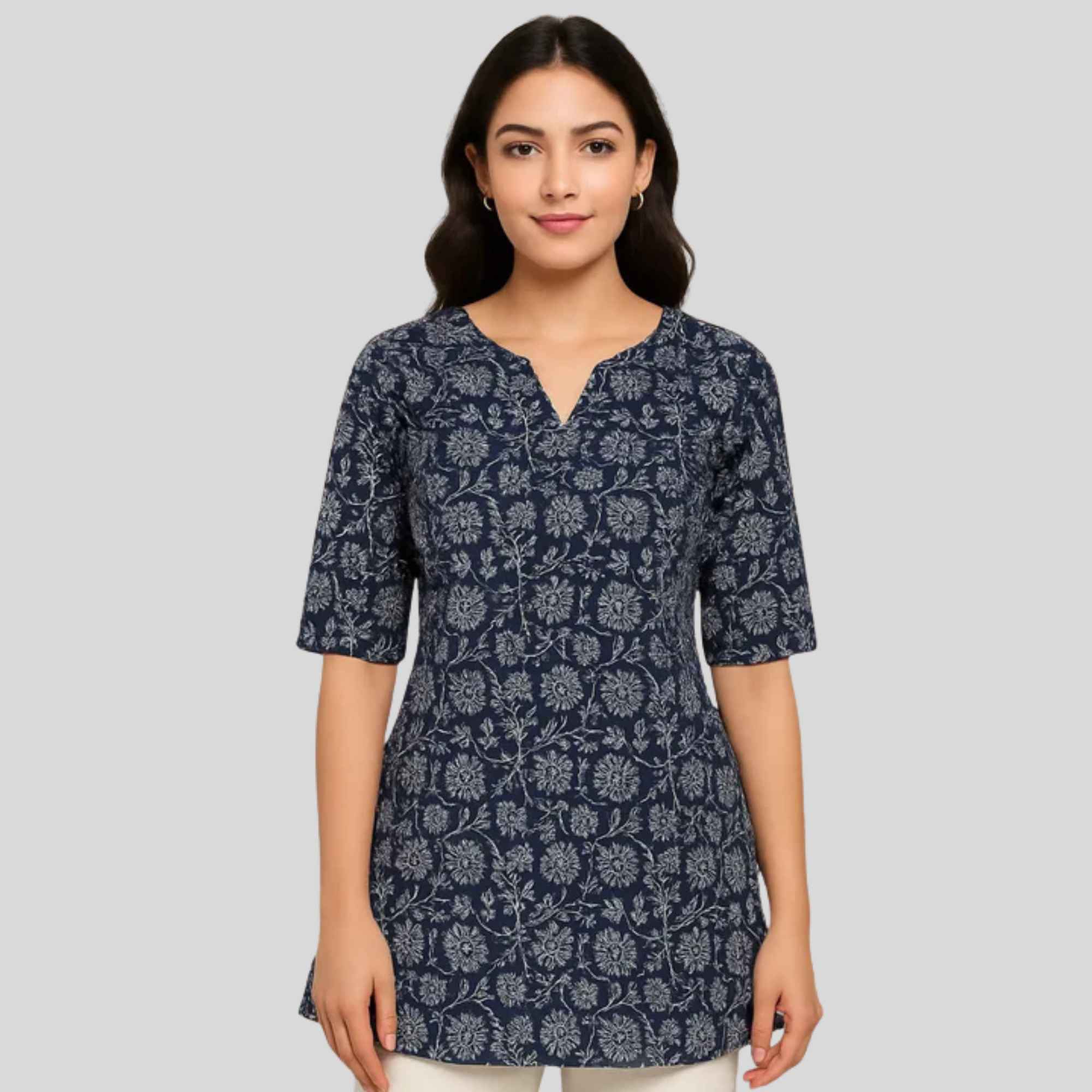 JISB Cotton Printed Short kurti with elbow sleeves,Blue