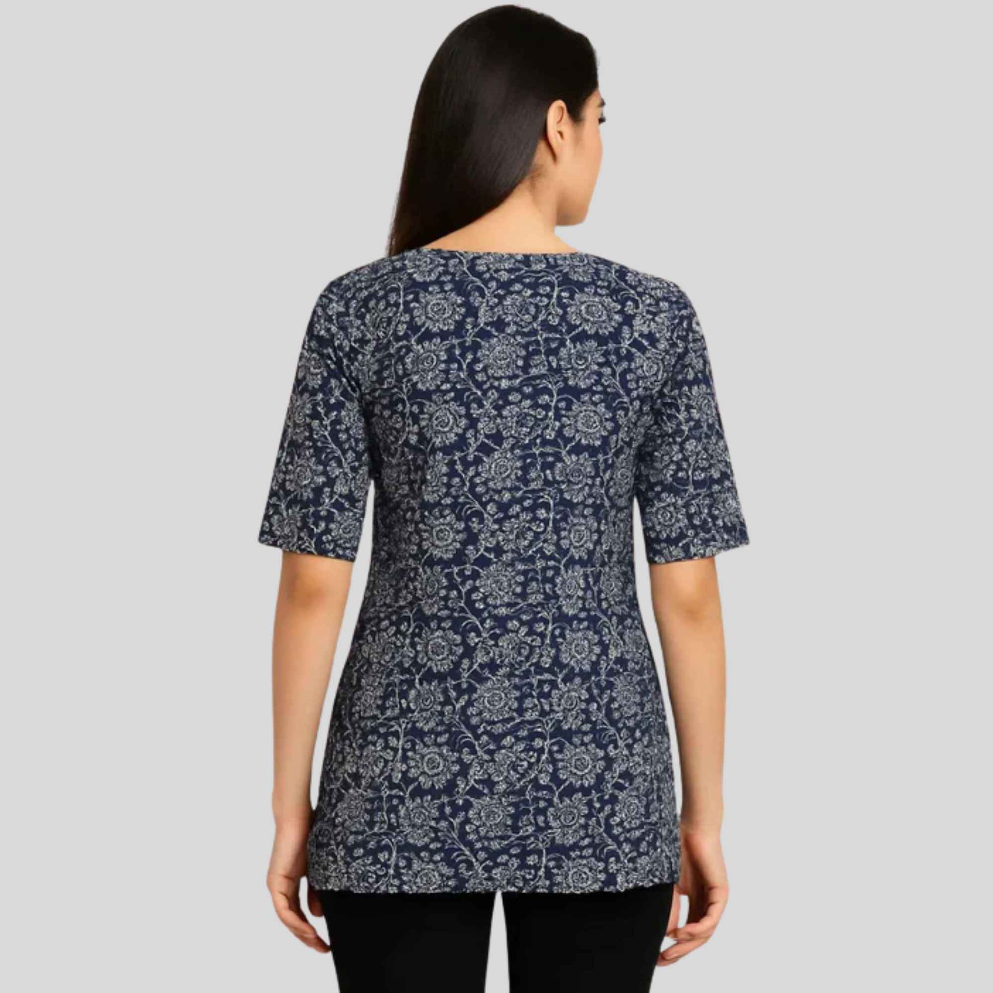 JISB Cotton Printed Short kurti with elbow sleeves,Blue