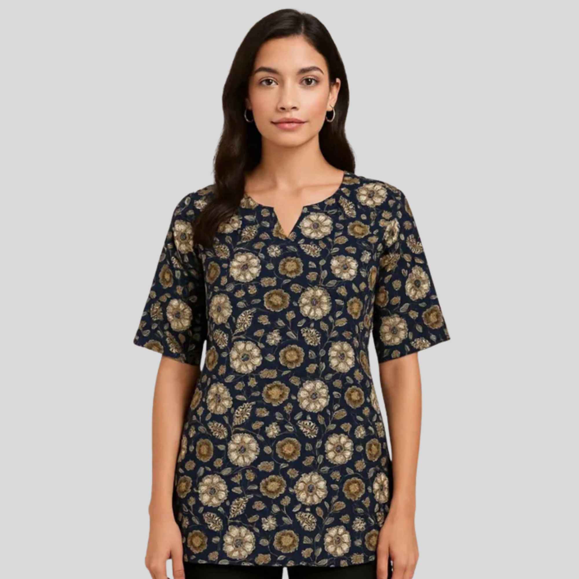 JISB Cotton Printed Short kurti with elbow sleeves,Brown