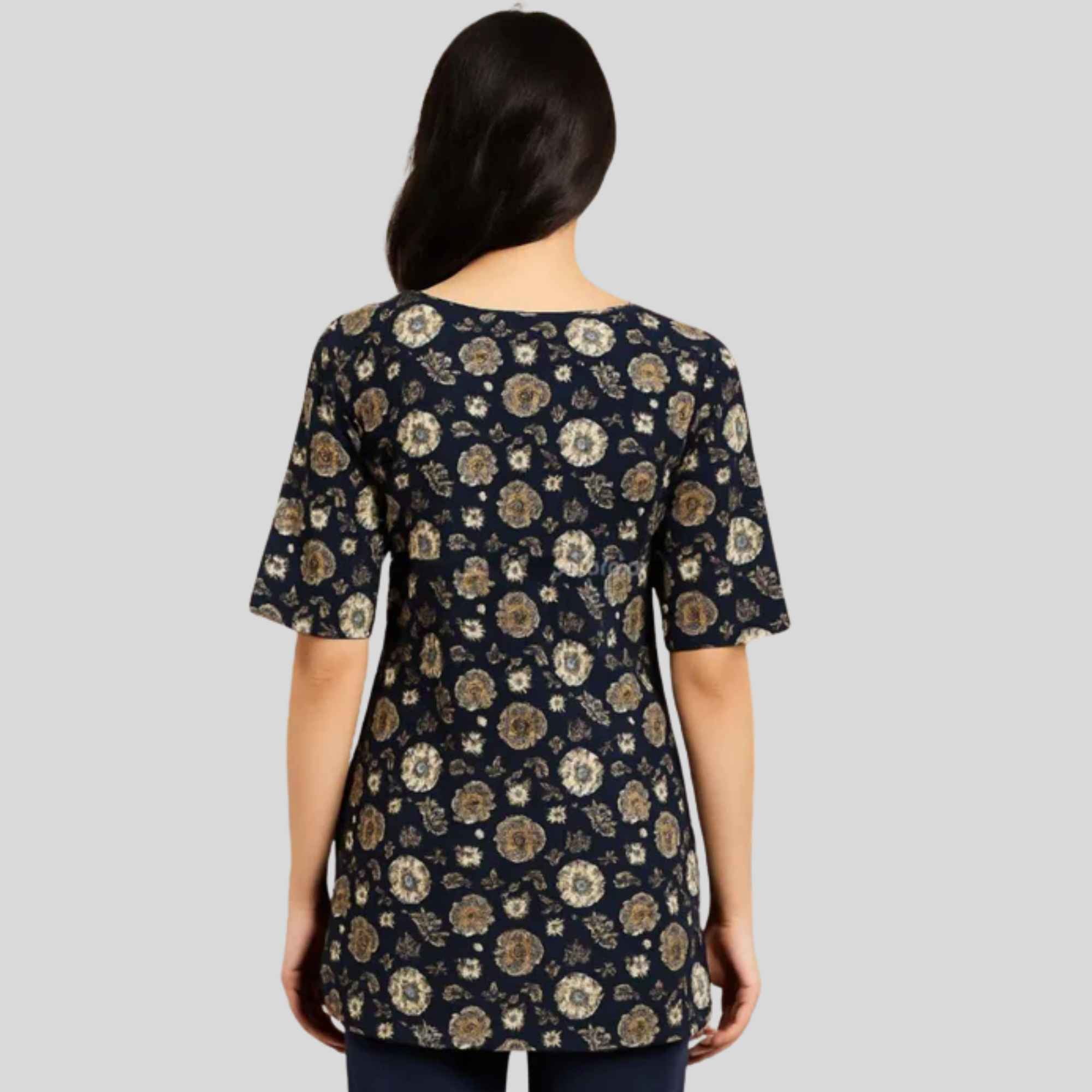 JISB Cotton Printed Short kurti with elbow sleeves,Brown