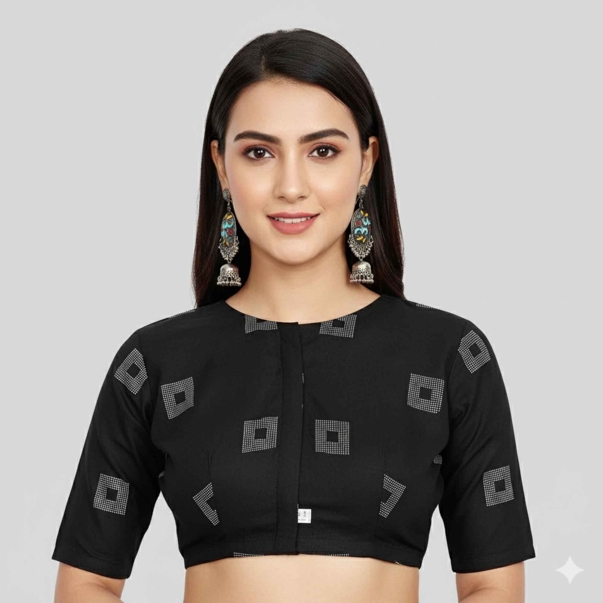 JISB Cotton Square Dobby Jewel Neck Elbow Sleeve Blouse