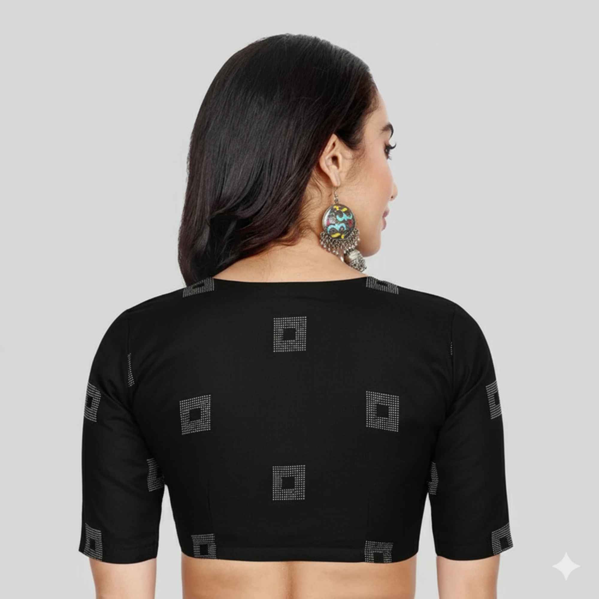 JISB Cotton Square Dobby Jewel Neck Elbow Sleeve Blouse