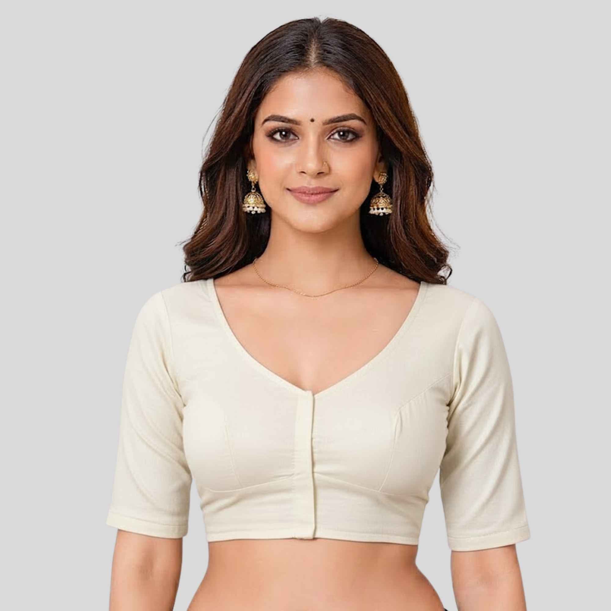 JISB Women's 2by2 Cotton Blouse Elbow Sleeve