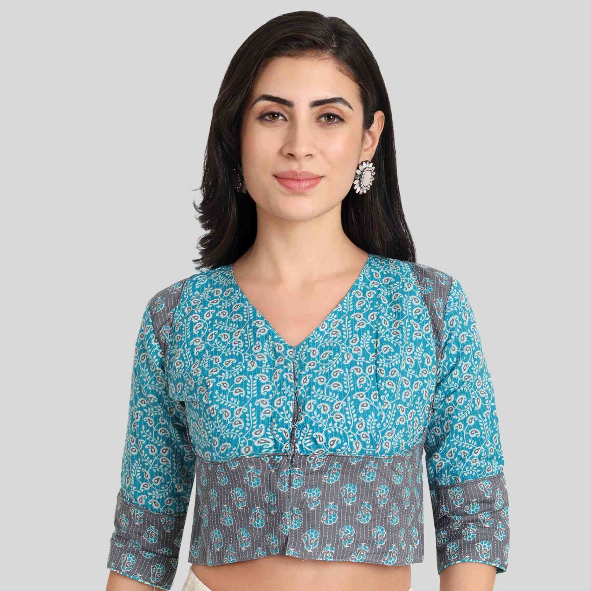 Kantha printed crop top Long blouse with Elbow sleeve in color Sky blue and Grey