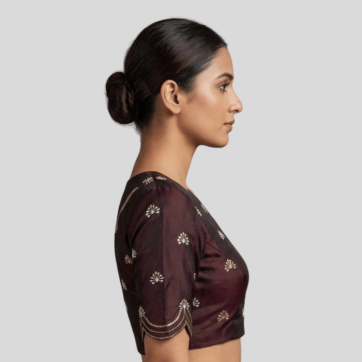 Silk Cotton Embroidery With Scallop  Sleeve Blouse 