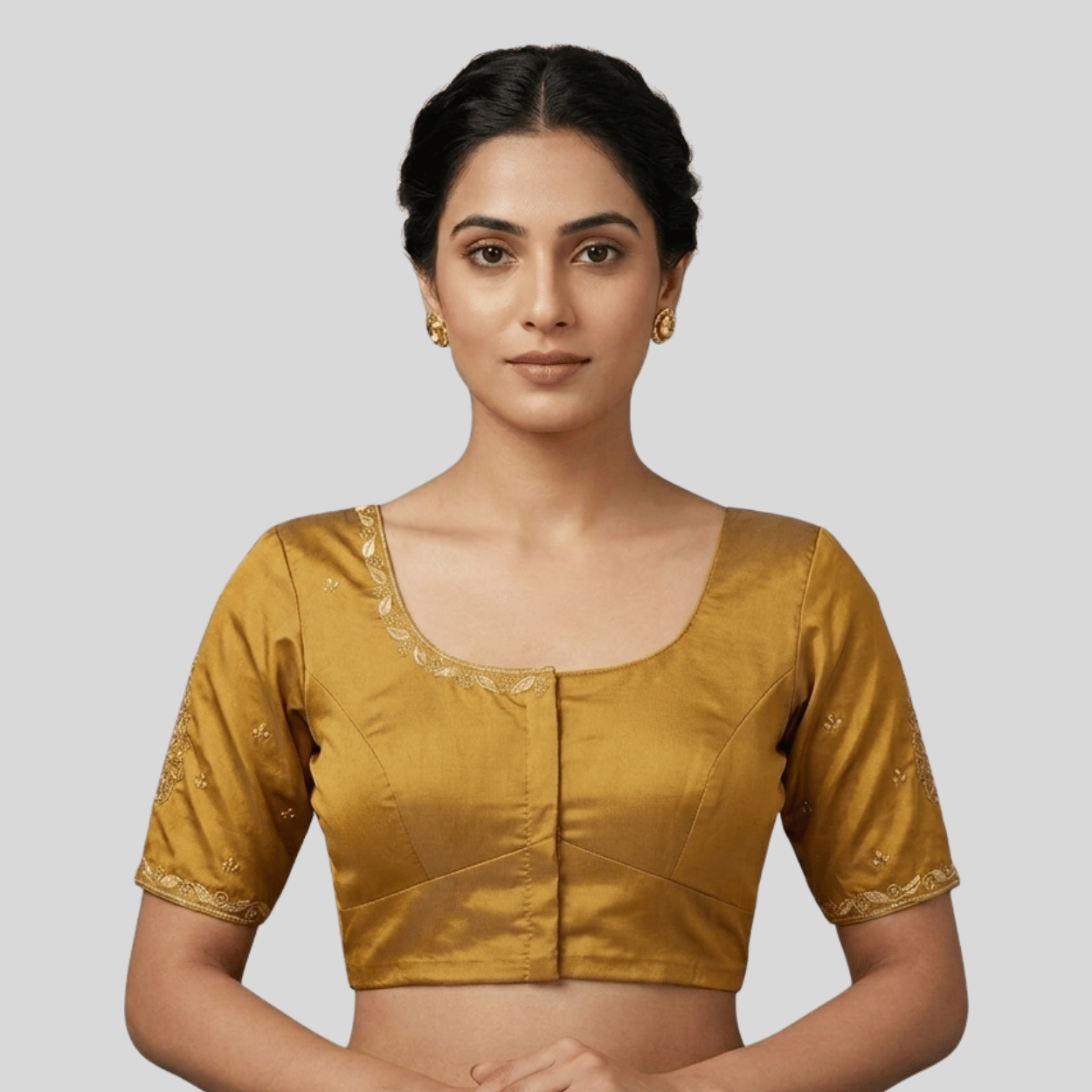 Silk Cotton Simple Leaf Embroidered Blouse,Made to Order